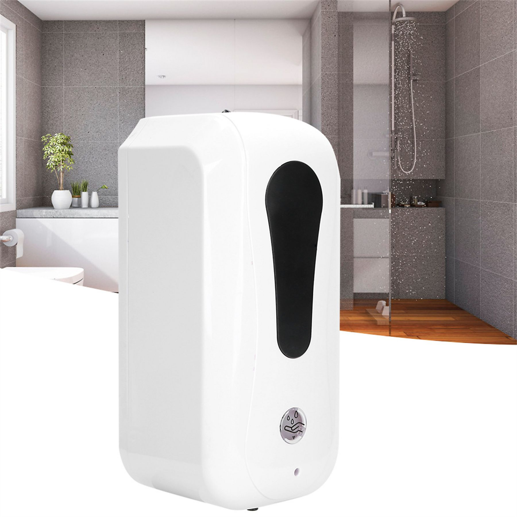 Ein weißer automatischer Händedesinfektionsmittelspender in einem Badezimmer, mit schwarzem Sensor und Handsymbol.