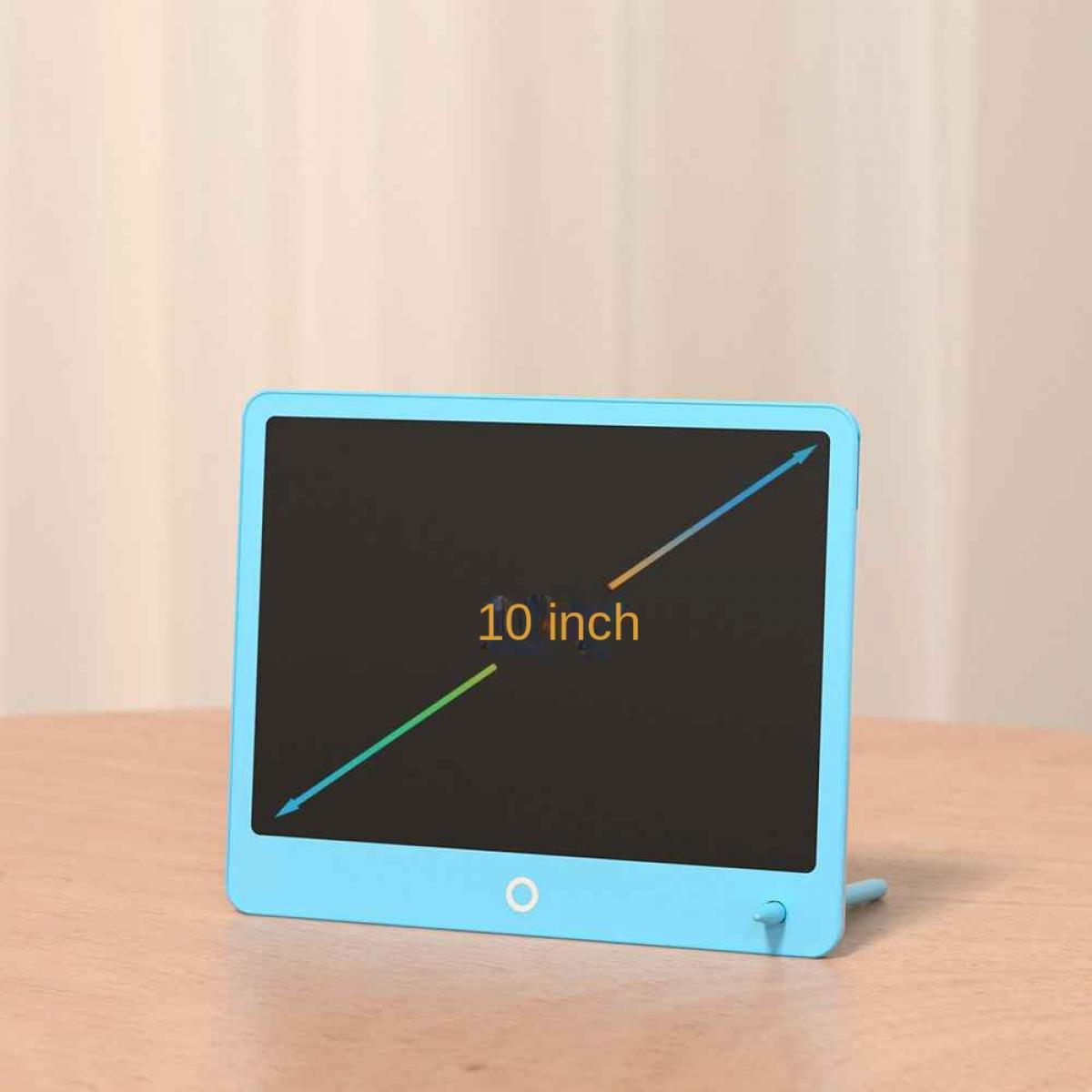 Ein blaues 10-Zoll-Zeichentablett mit schwarzem Bildschirm auf einem Holztisch. Pfeile zeigen die Größe. Der Hintergrund ist cremefarben.