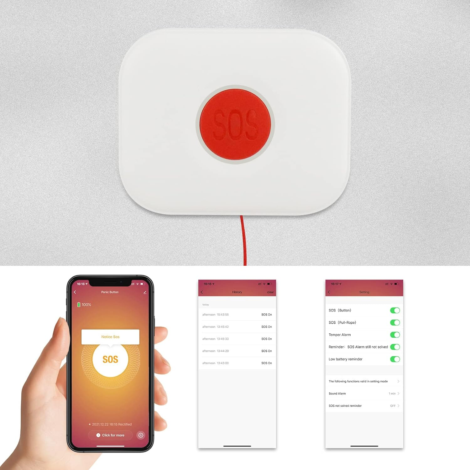 Weißes SOS-Gerät mit rotem Knopf. Drei Telefonbildschirme zeigen SOS-Funktionen.