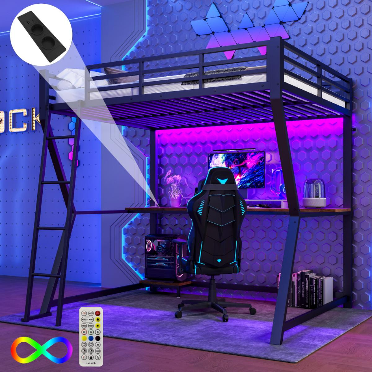 Ein Hochbett mit Schreibtisch und Gaming-Setup. Enthält einen PC, einen Stuhl und einen Monitor. Der Raum hat blaue und rosa Beleuchtung.