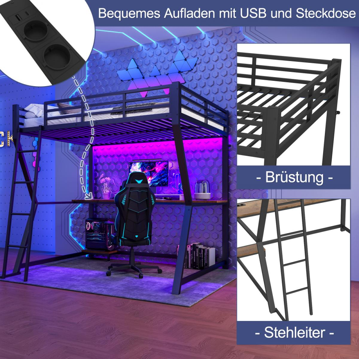 Ein schwarzes Hochbett mit Schreibtisch, Gaming-Stuhl und Leiter. Der Hintergrund hat ein geometrisches Wanddesign und das Bett hat einen Stecker.