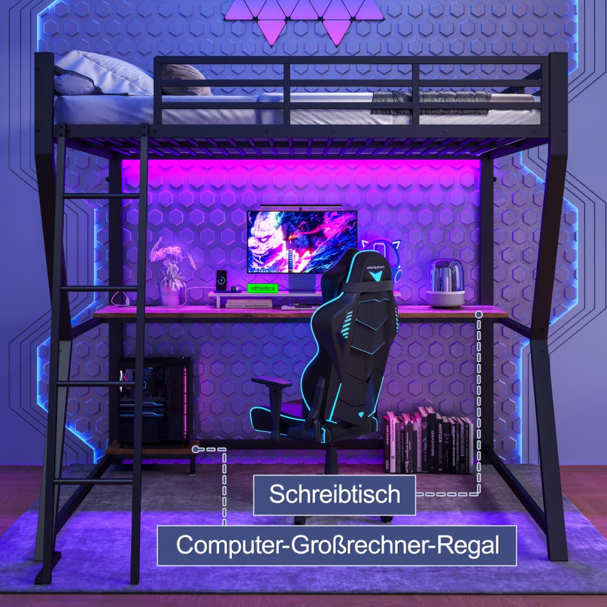 Modernes Gaming-Setup mit Hochbett. Gaming-Stuhl, Schreibtisch mit Monitor und Computer. Lila und blaue Neonlichter.
