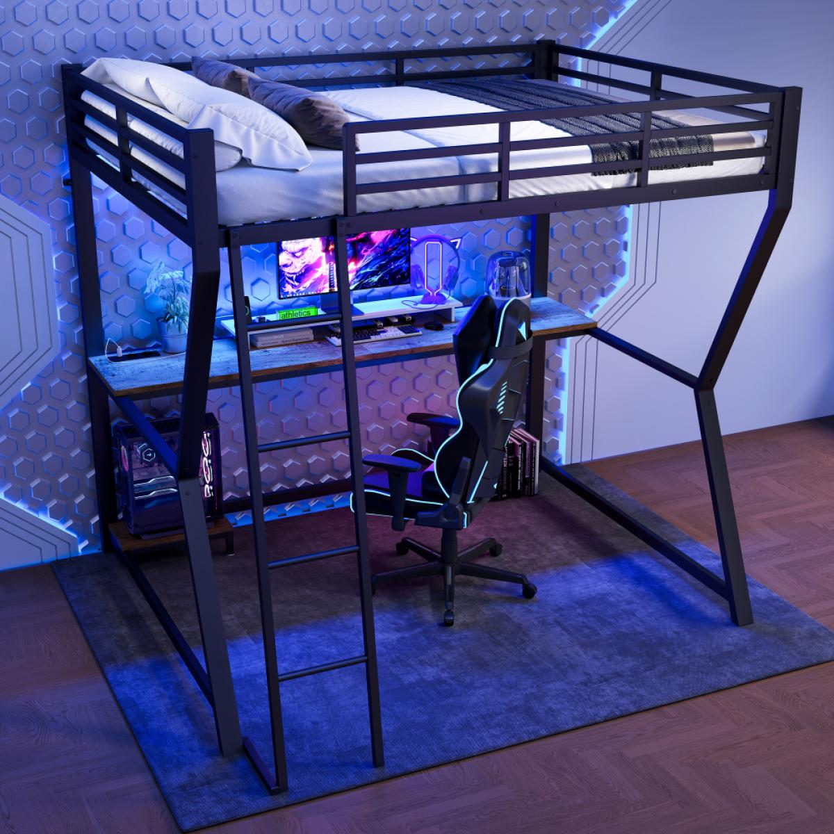 Ein Hochbett mit Schreibtisch, Stuhl und Computer. Das Bett ist oben. Das Zimmer hat blaue Beleuchtung und eine gemusterte Wand.