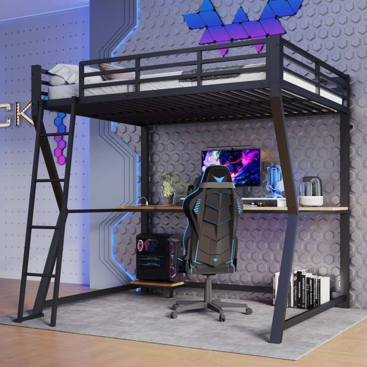 Ein schwarzes Hochbett mit Schreibtisch und Gaming-Stuhl. Ein Computer, Monitor und weiteres Zubehör stehen auf dem Schreibtisch.