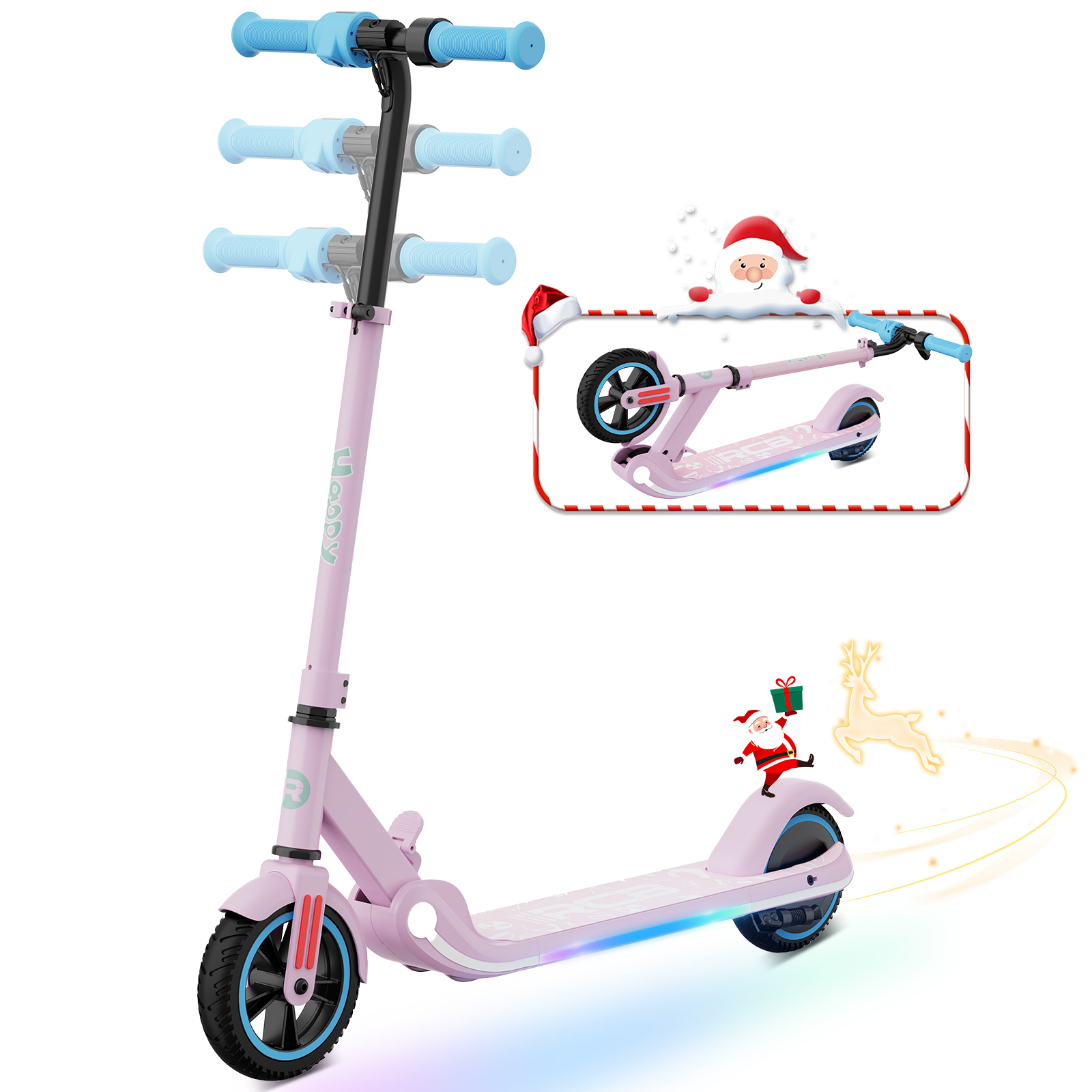 Ein pinkfarbener Roller mit blauen Akzenten und einer Weihnachtsmann-Illustration, mit einem weiteren Roller in einem Rahmen.