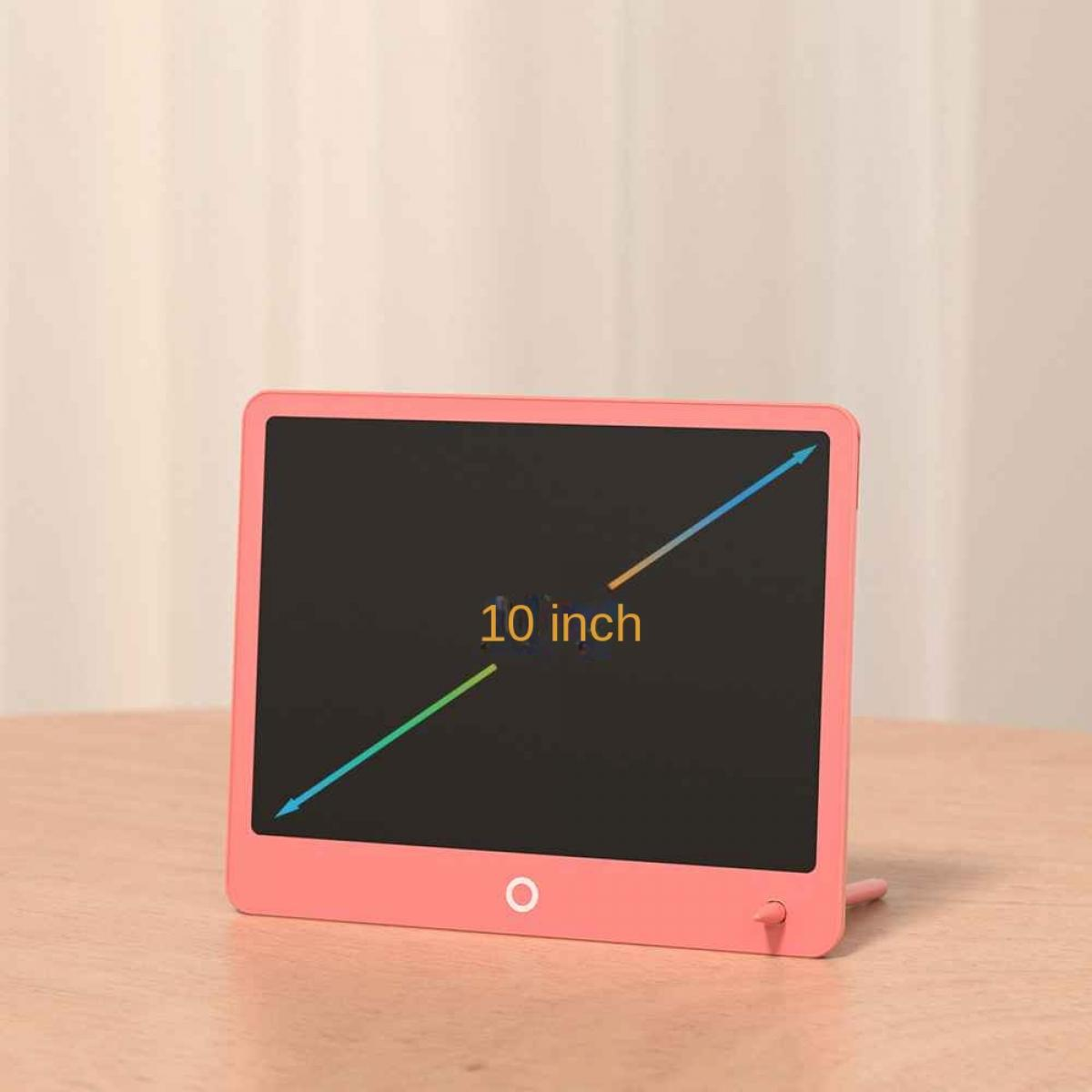 Ein rosafarbenes 10-Zoll-Zeichentablett auf einem Holztisch. Der Bildschirm des Tablets ist schwarz, mit einer Taste und einem Stifthalter. Der Hintergrund ist cremefarben.