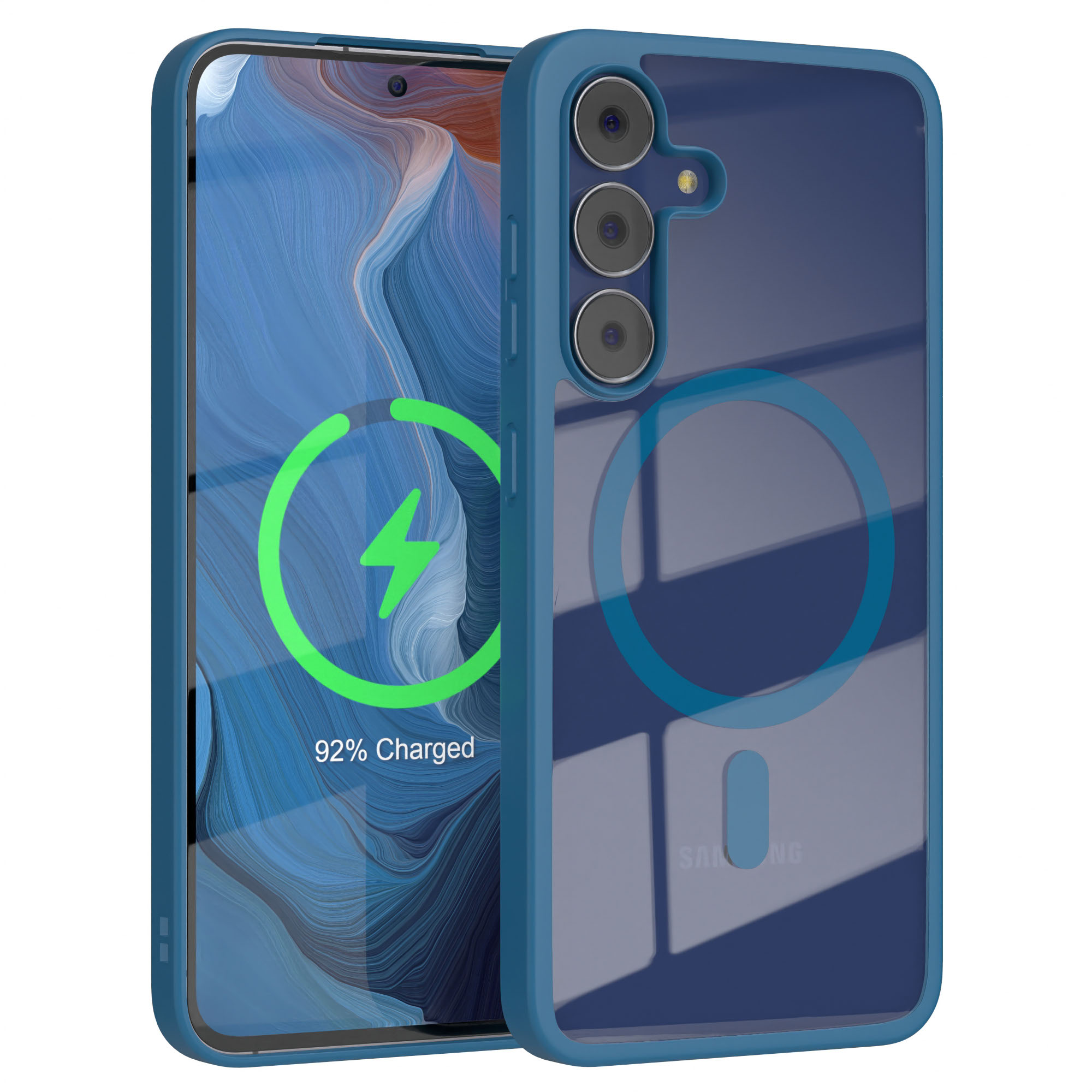 Ein Telefon in einer blauen Hülle zeigt einen zu 92 % aufgeladenen Bildschirm. Die Hülle hat eine transparente Rückseite mit blauem Ring.