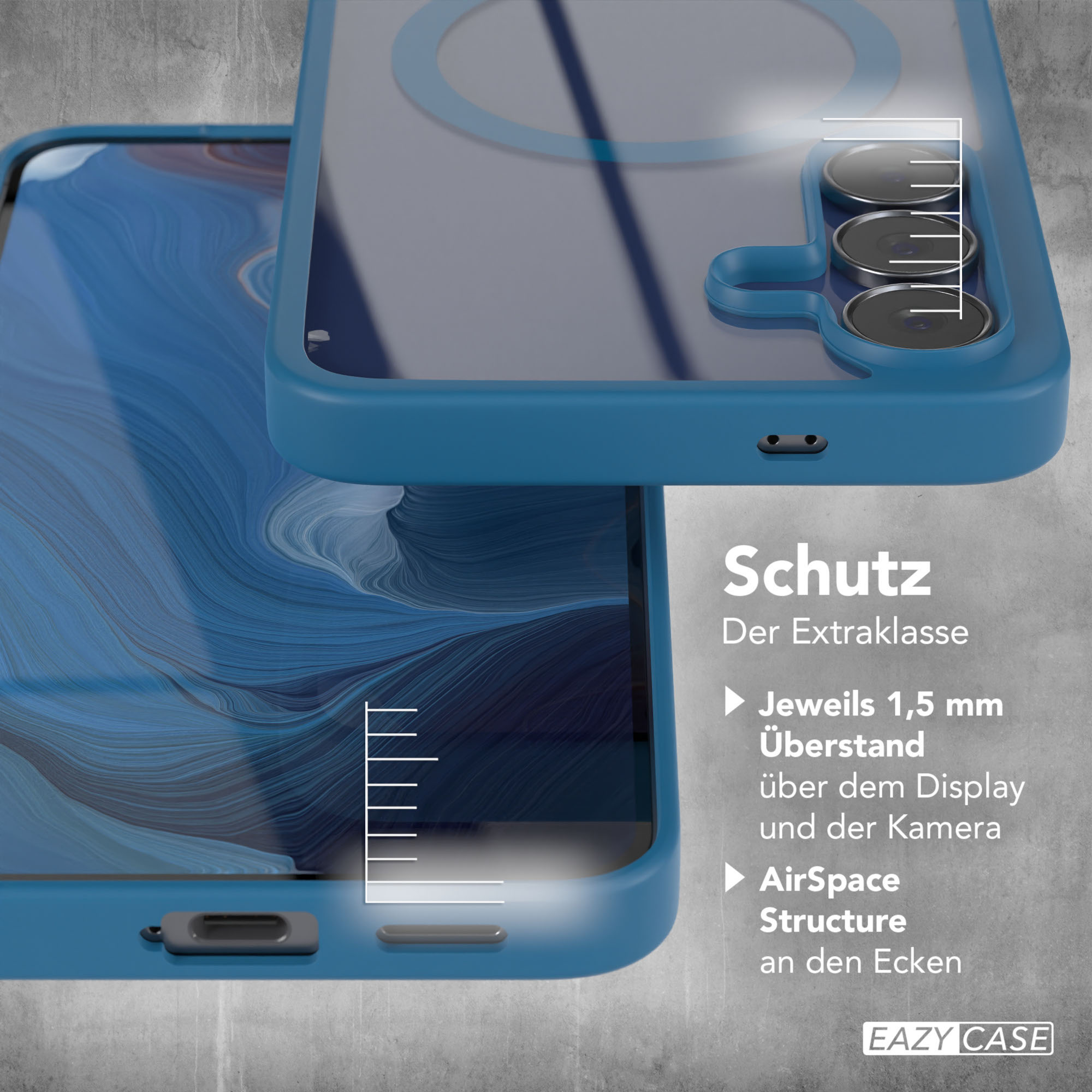 Gezeigte Handyhülle, blauer Rahmen und transparente Rückseite. Text hebt Schutzfunktionen hervor.