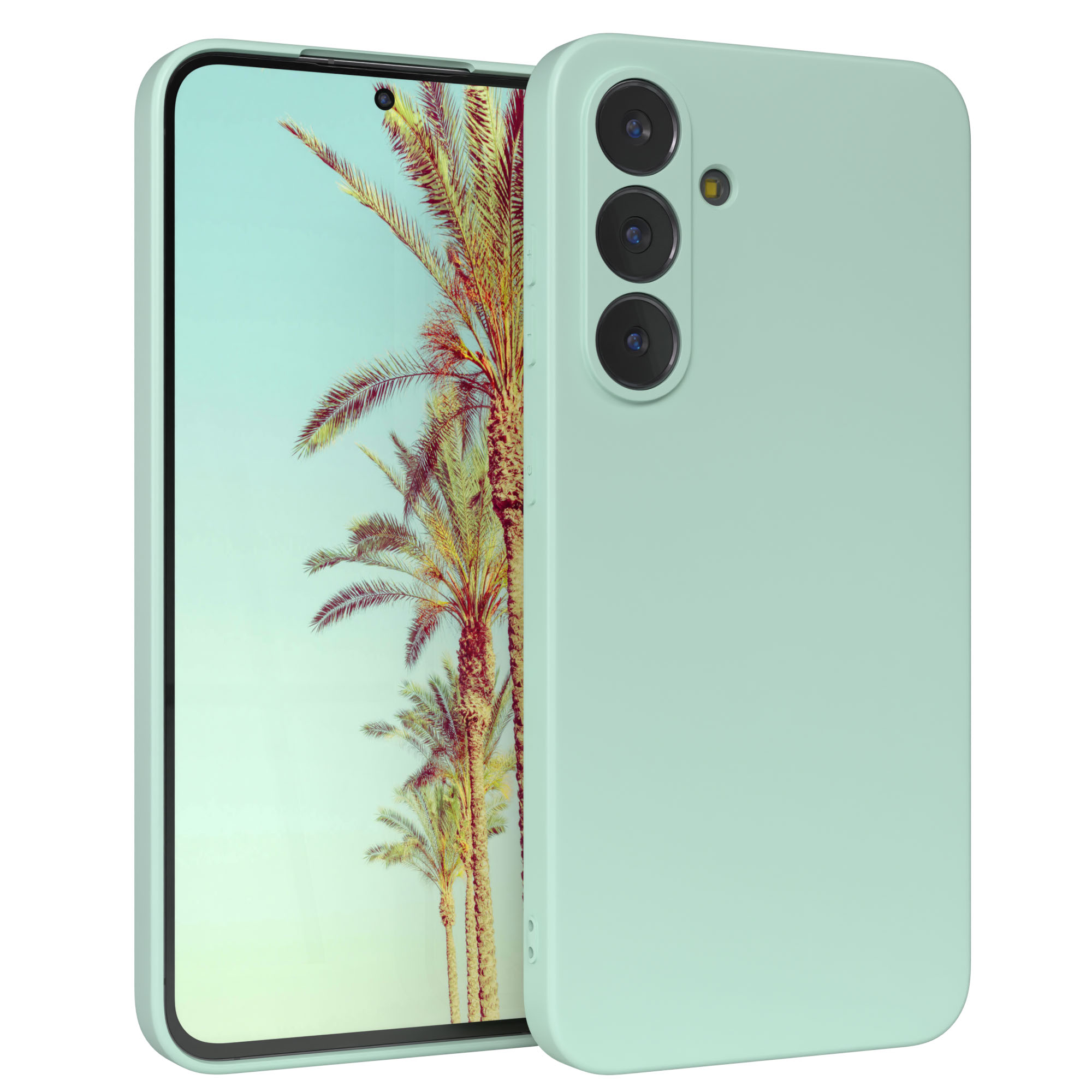 Ein mintgrünes Telefon mit Hülle wird angezeigt. Der Bildschirm zeigt Palmen. Der Hintergrund ist himmelblau.