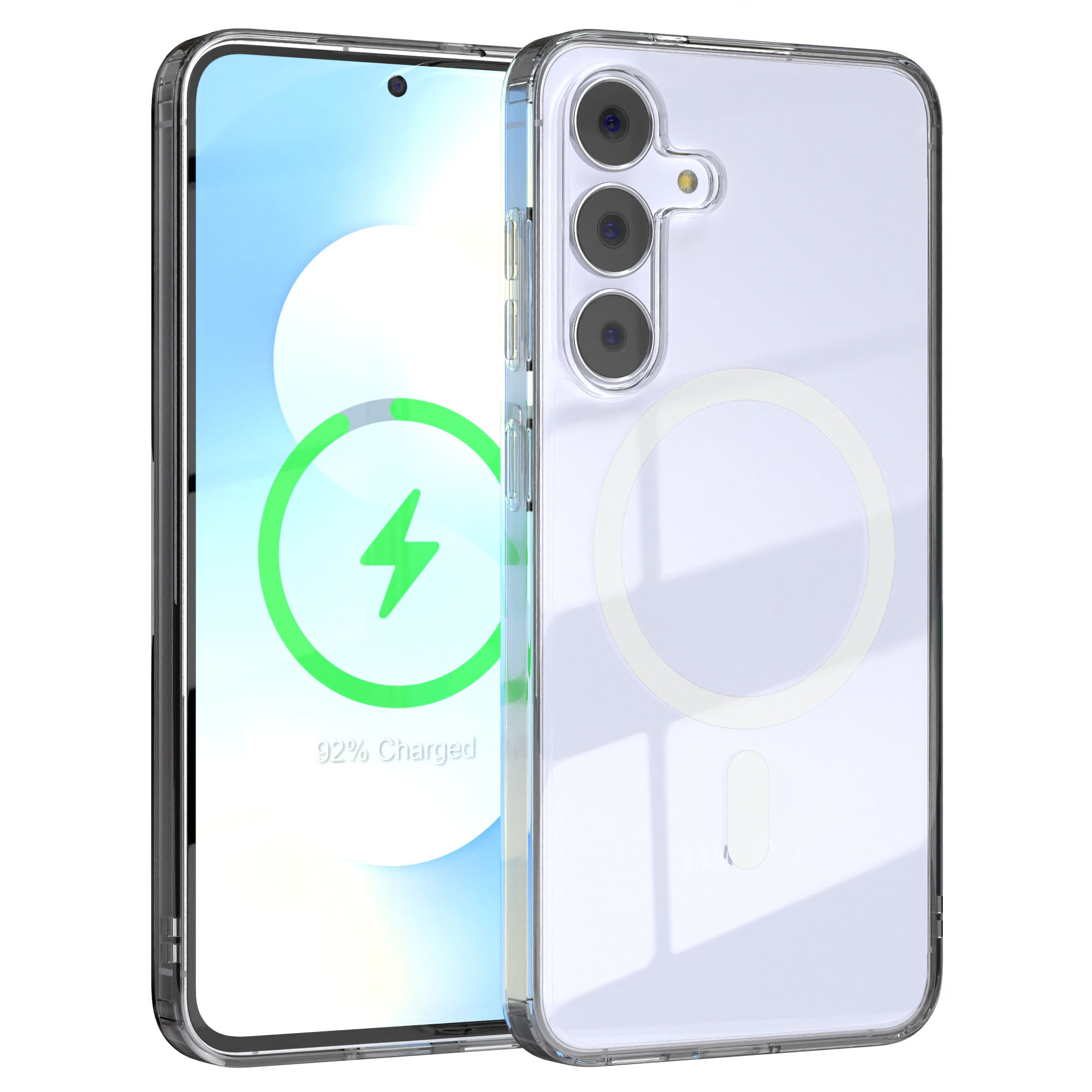 Ein Telefon in einer transparenten Hülle. Das Telefon lädt, 92 % geladen. Die Hülle hat einen Magnetring.
