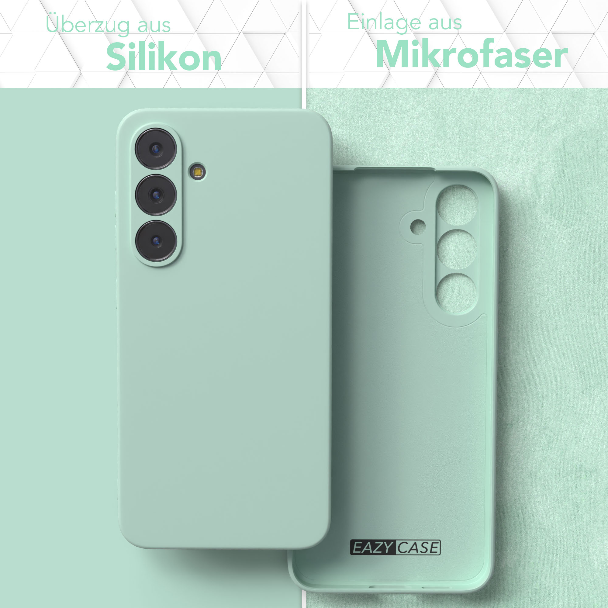Zweiteilige Handyhülle in Mintgrün. Eine Seite ist Silikon, die andere Mikrofaser. EAZY CASE Logo sichtbar.