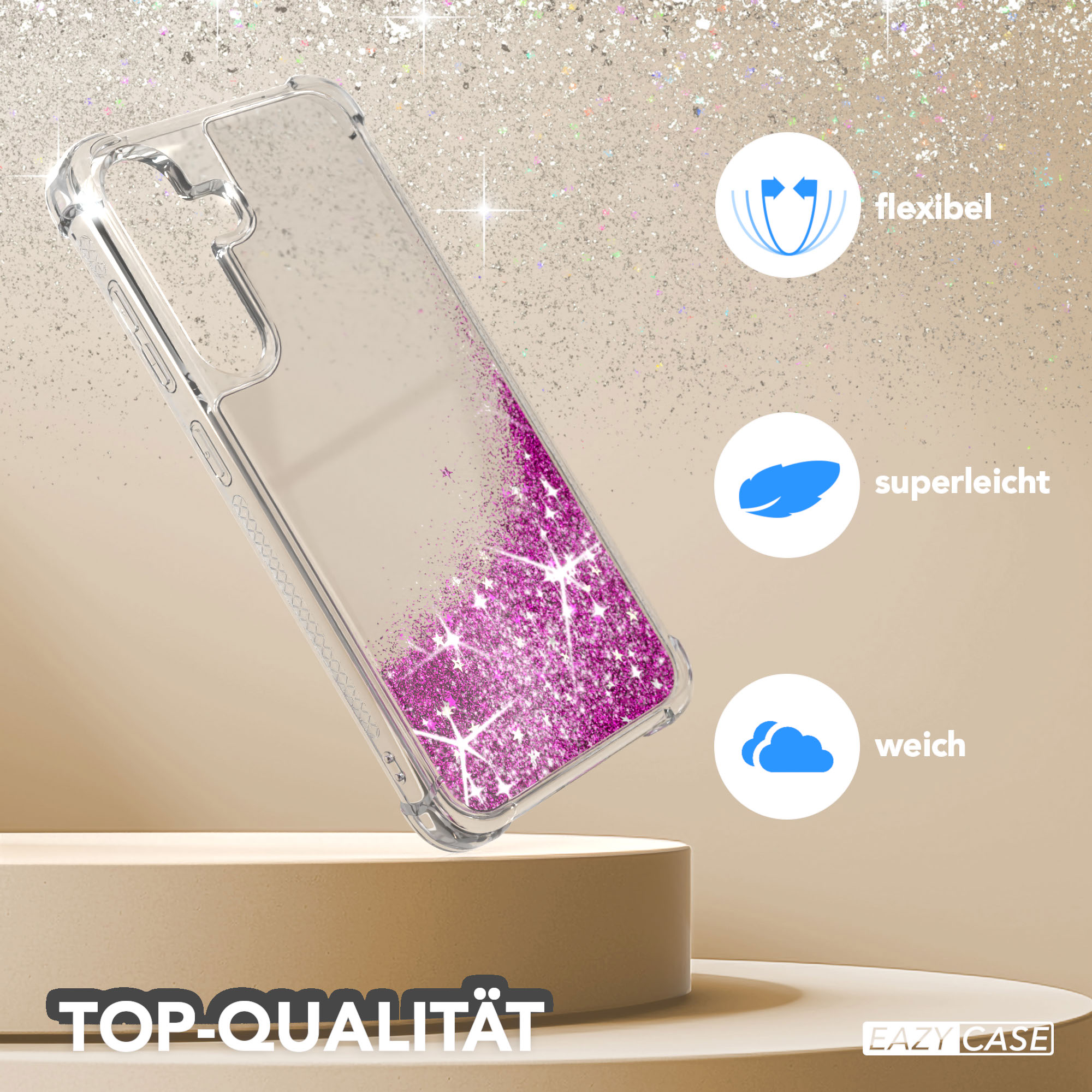 Transparente Handyhülle mit pinkfarbenem Glitzer auf einem Ständer. Eigenschaften: flexibel, superleicht, weich.