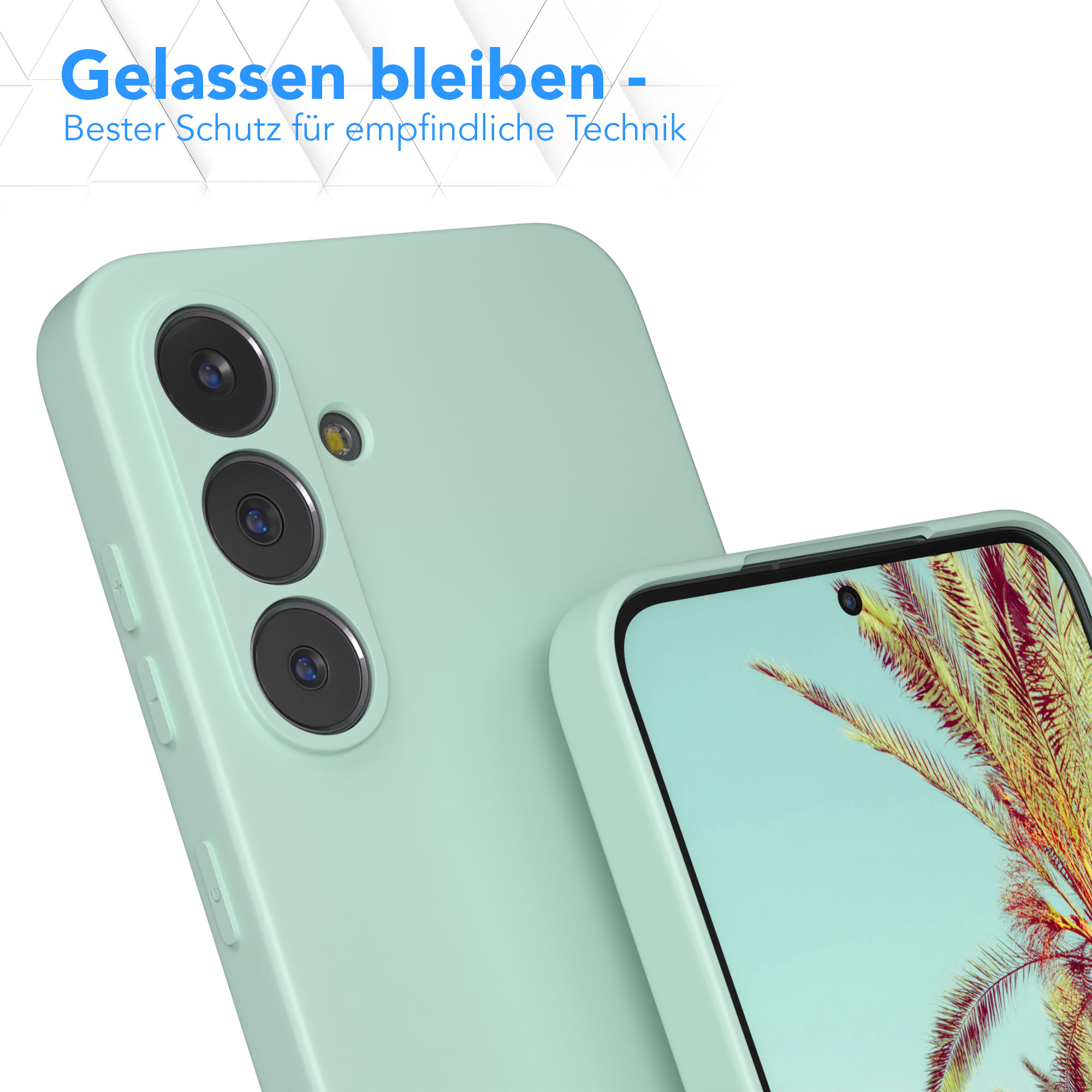 Eine mintgrüne Handyhülle mit einem Handy darin. Das Handy hat ein Kameramodul und einen Bildschirm mit einer Palme.