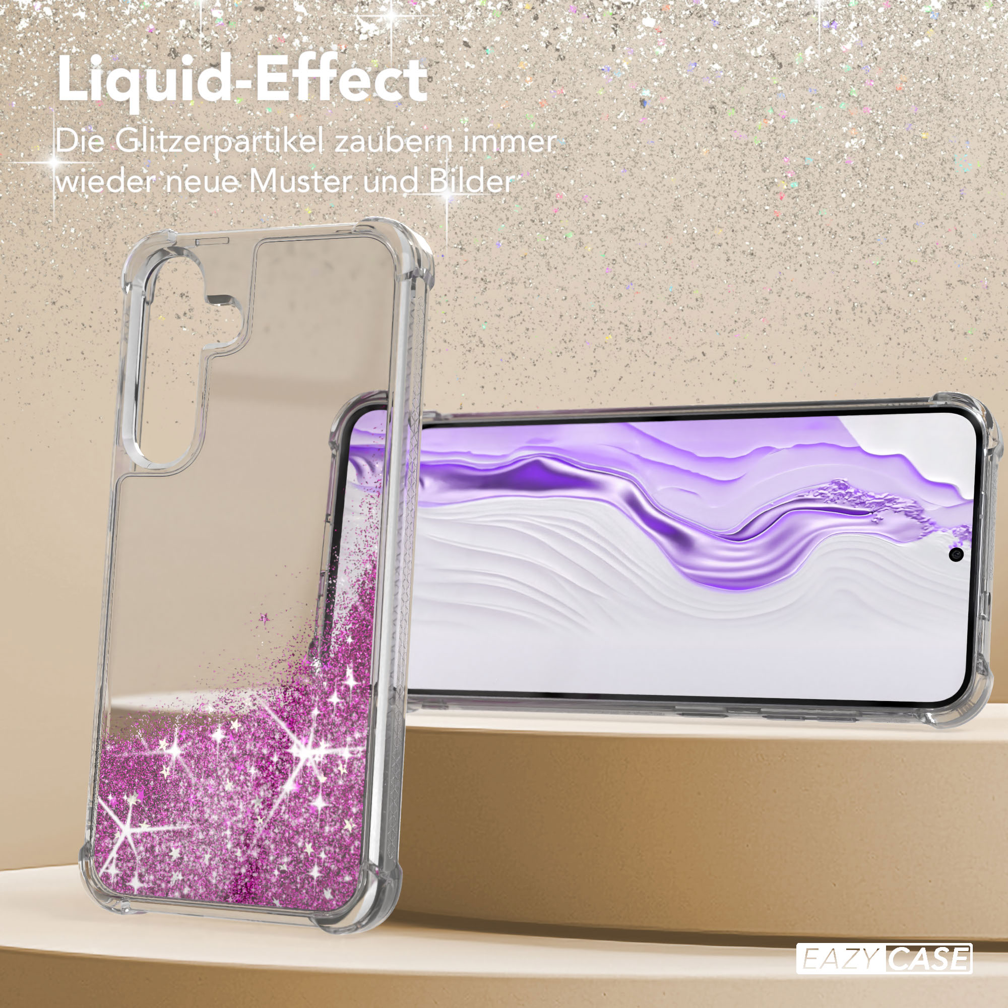 Eine Handyhülle mit pinkfarbenem Glitzer und ein Handy mit lila Hintergrund liegen auf beigem Untergrund.
