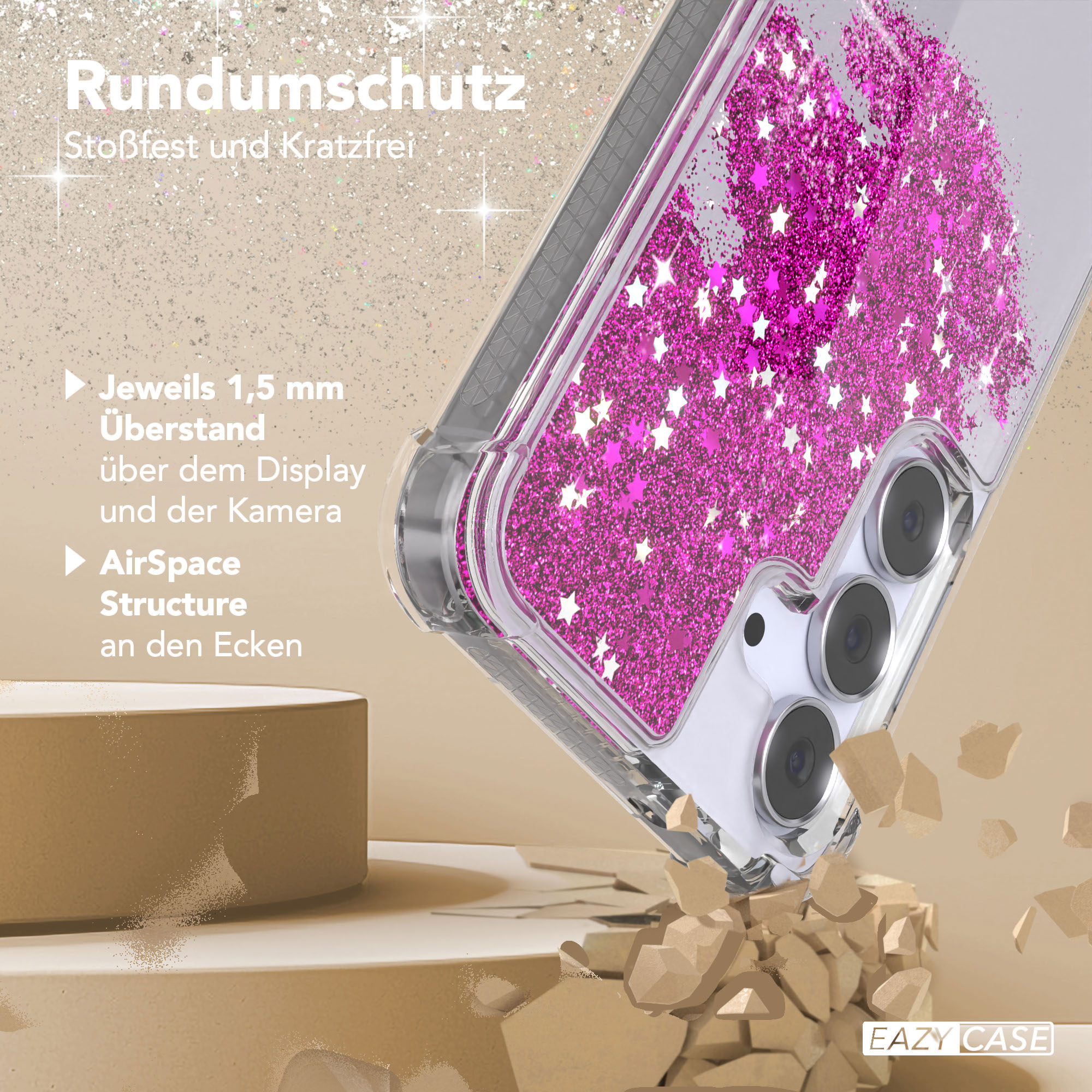 Eine Handyhülle mit rosa Glitzer und weißen Sternen wird gezeigt. Es befindet sich auf einem beigefarbenen Hintergrund mit Text.