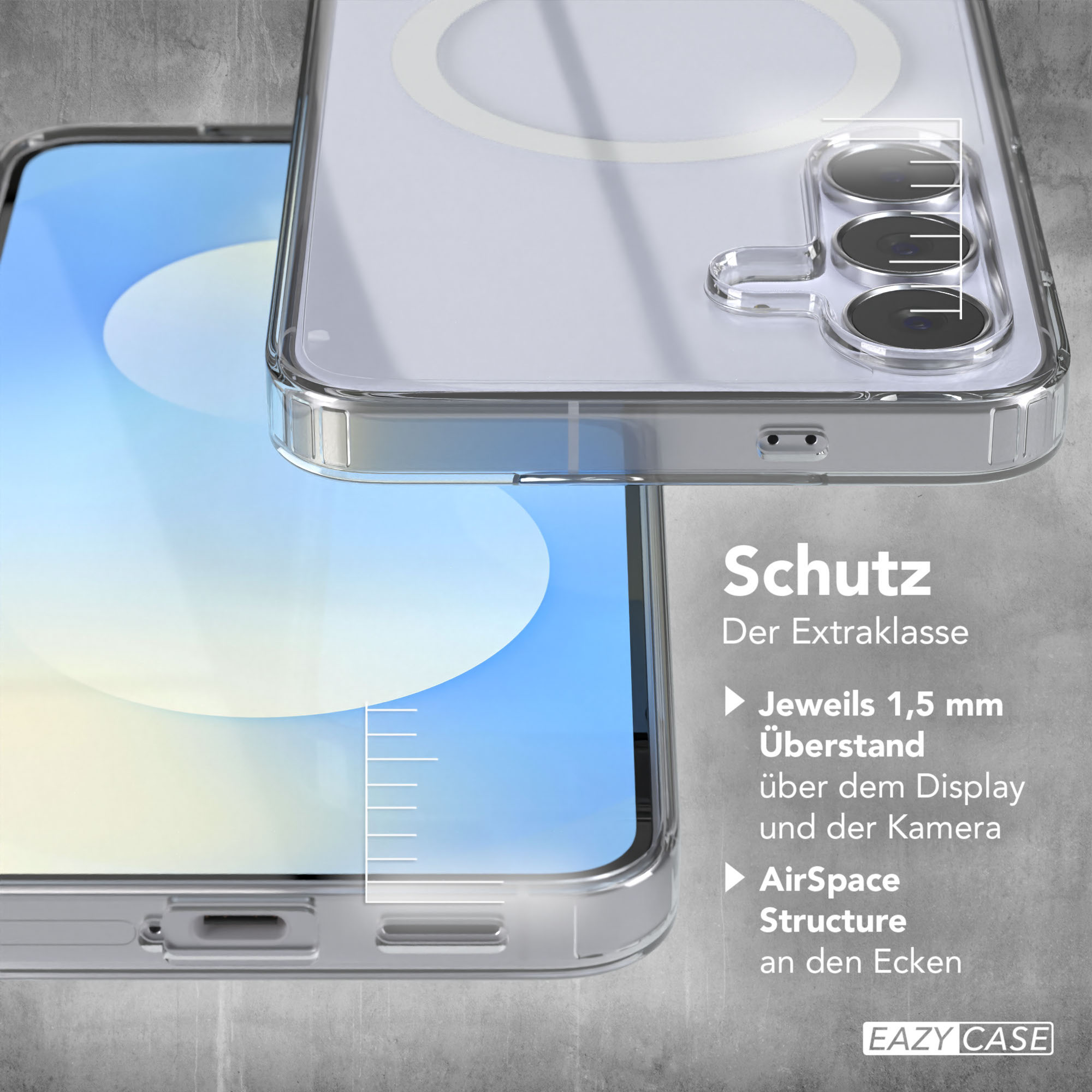 Transparente Handyhülle. Die Hülle befindet sich auf einem Telefon. Der Hintergrund enthält Text über die Eigenschaften der Hülle.