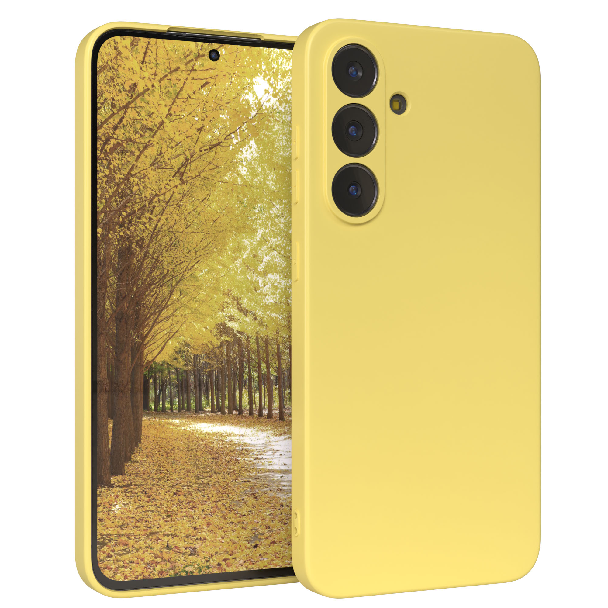 Ein gelbes Telefon, das eine Herbstszene mit Bäumen und gefallenem Laub zeigt, befindet sich neben einer gelben Telefonhülle.