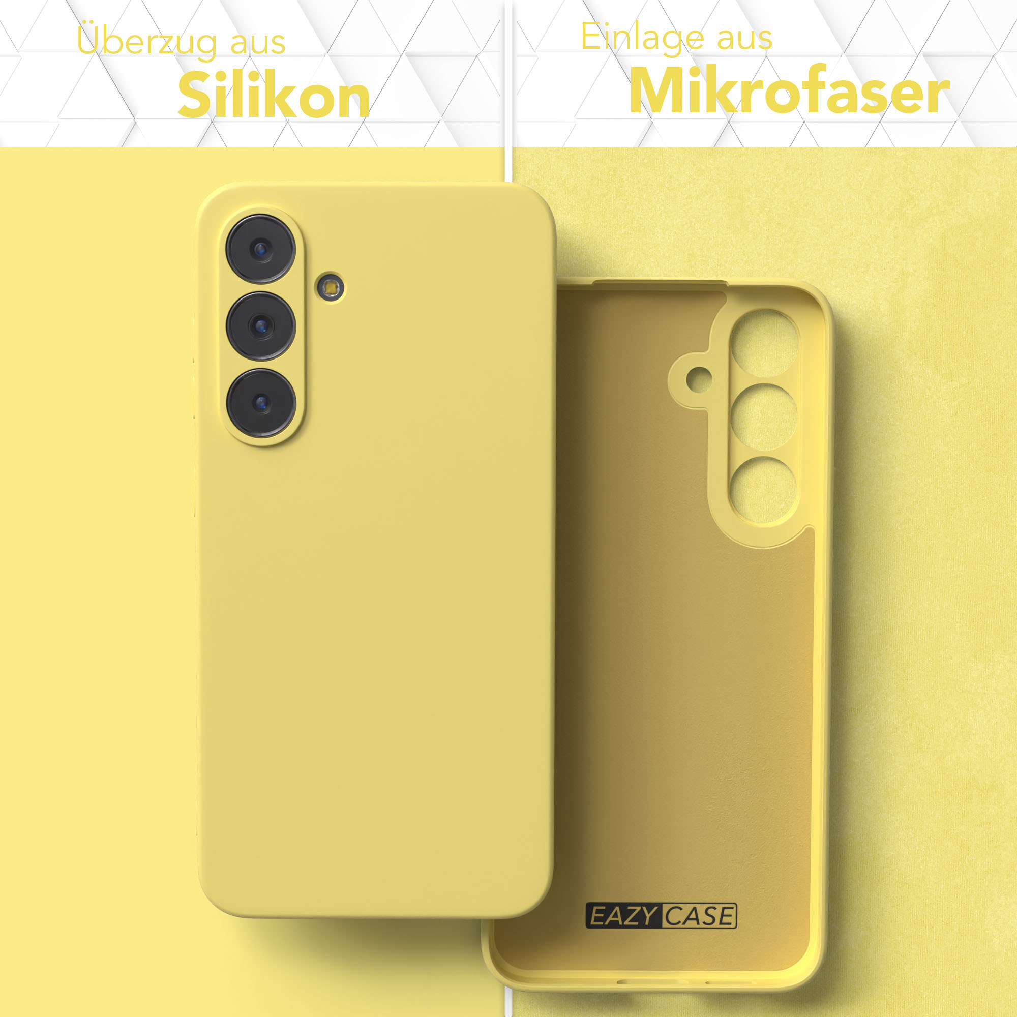 Gelbe Handyhülle, geöffnet, um die Innenseite zu zeigen. Silikonhülle, Mikrofaser-Innenraum. 'EAZY CASE' unten.