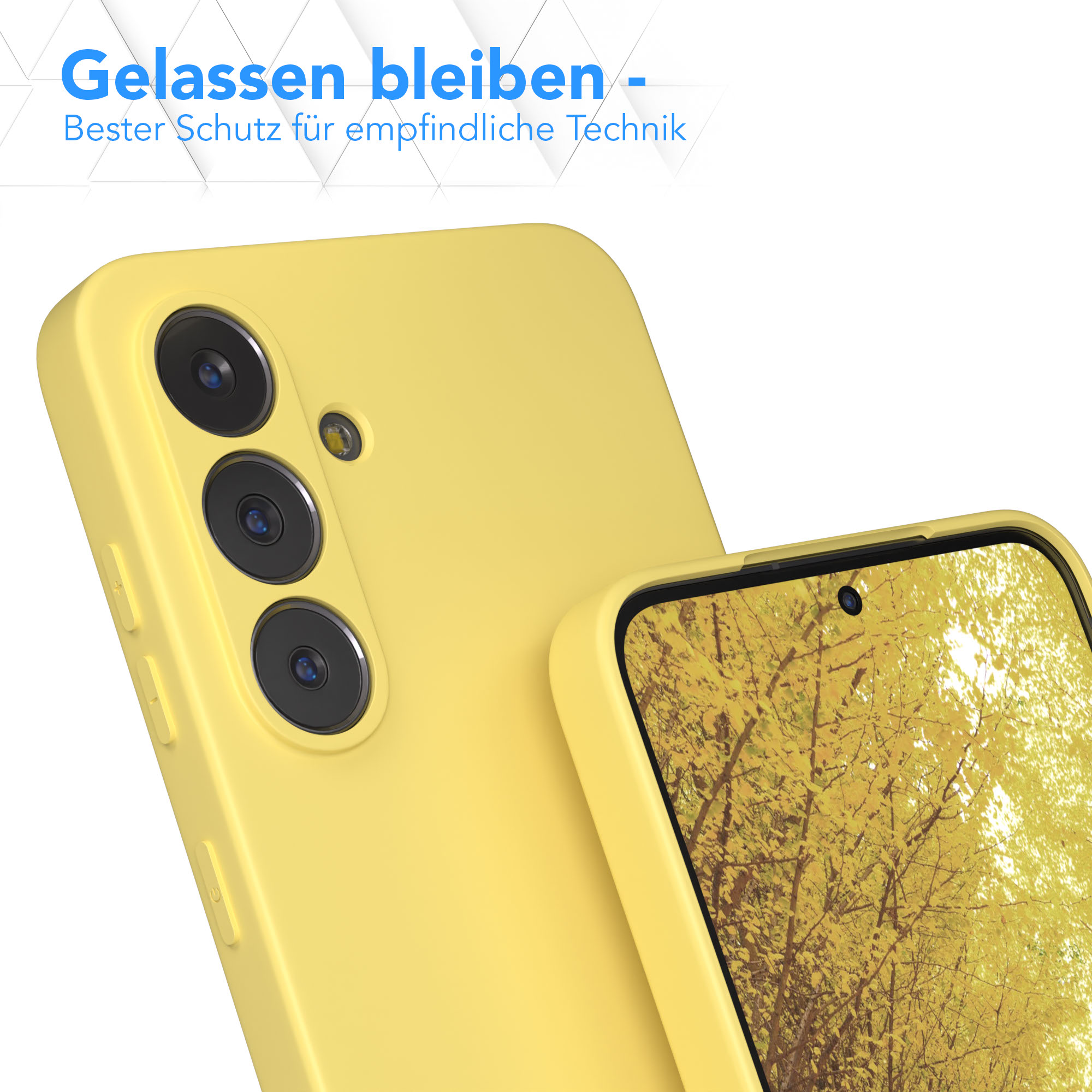 Gelbe Handyhülle mit dem Telefon darin, das ein Baum-Bild auf dem Bildschirm zeigt, auf weißem Hintergrund.