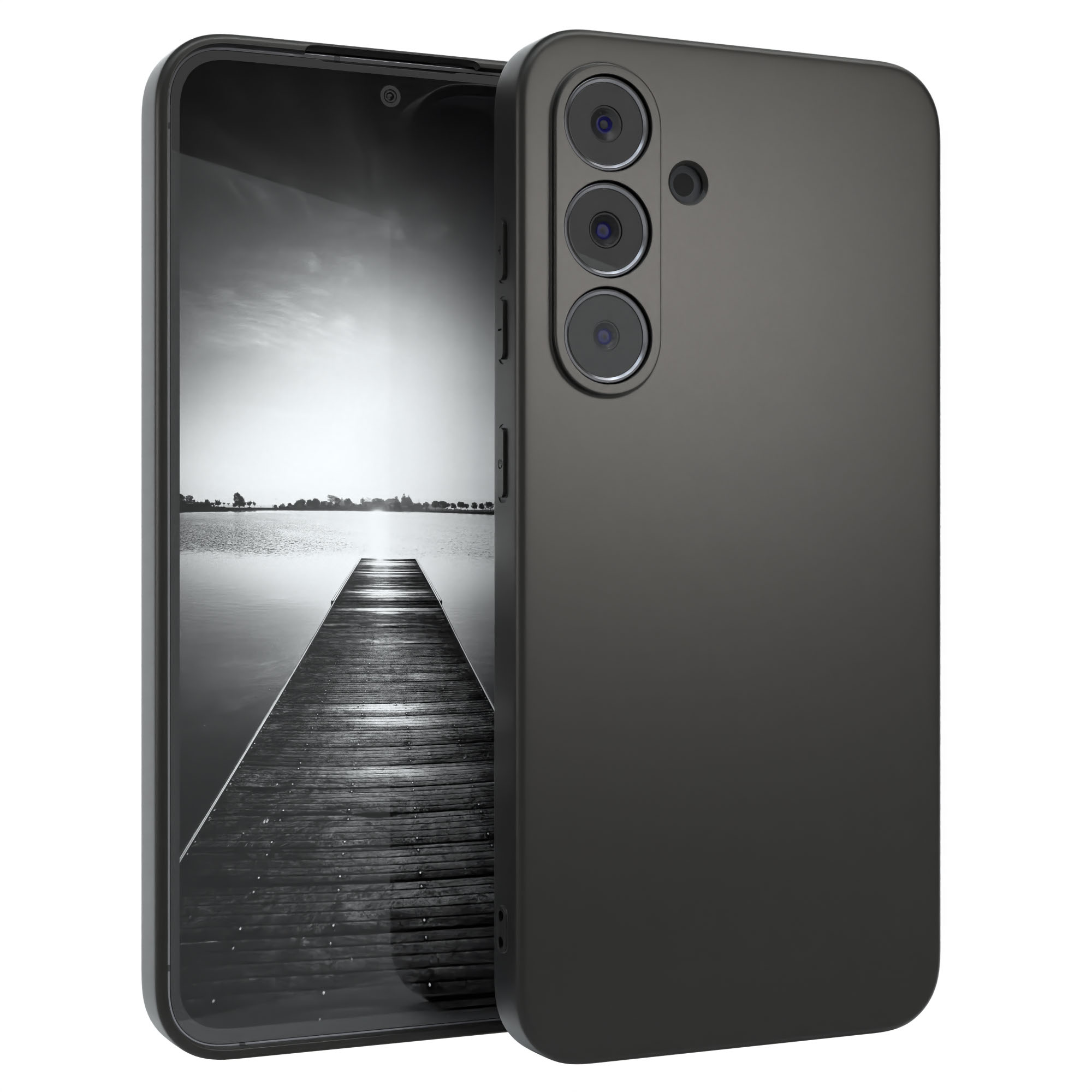 Ein Smartphone mit einem Bildschirm, der einen Steg über Wasser zeigt. Das Telefon hat eine dunkelgraue Hülle.