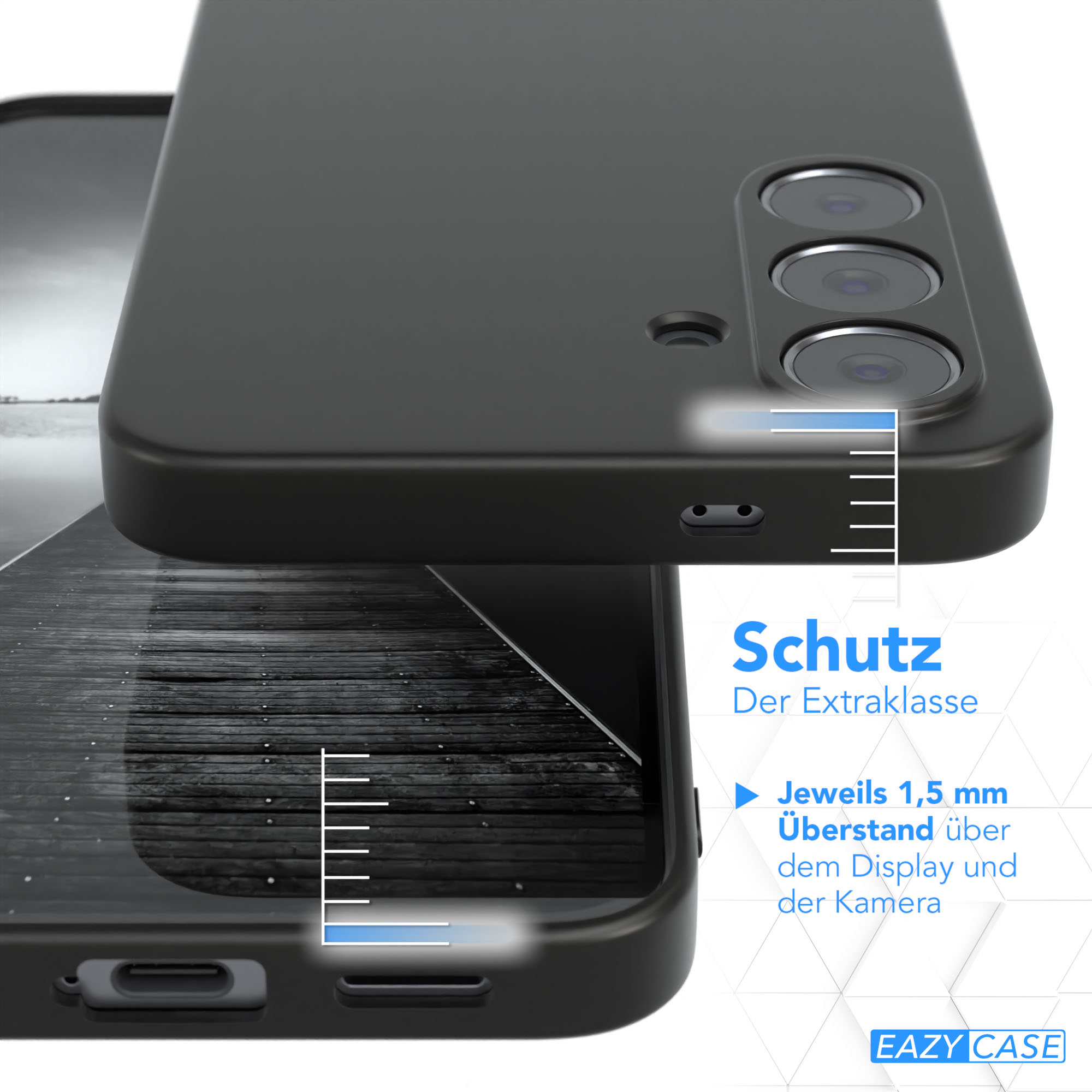 Schwarze Handyhülle mit Kameraausschnitten, Schutztext. Zeigt Schutz von 1,5 mm über Display und Kamera.