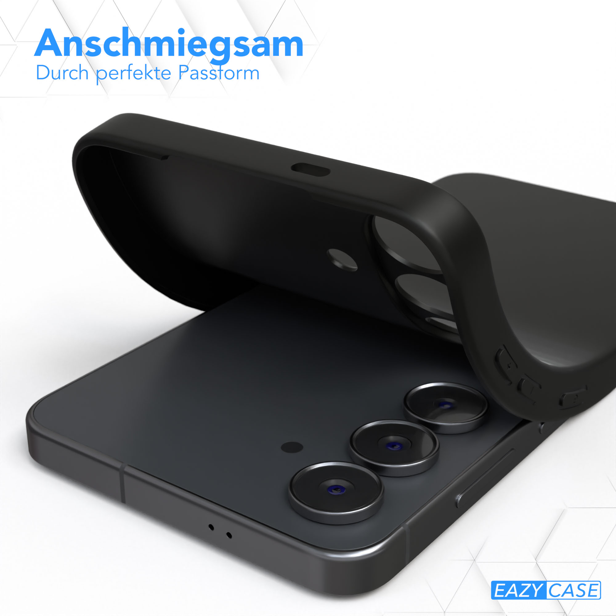 Schwarze Handyhülle wird auf ein schwarzes Smartphone gelegt. Die Hülle ist gebogen, mit Text auf Deutsch.