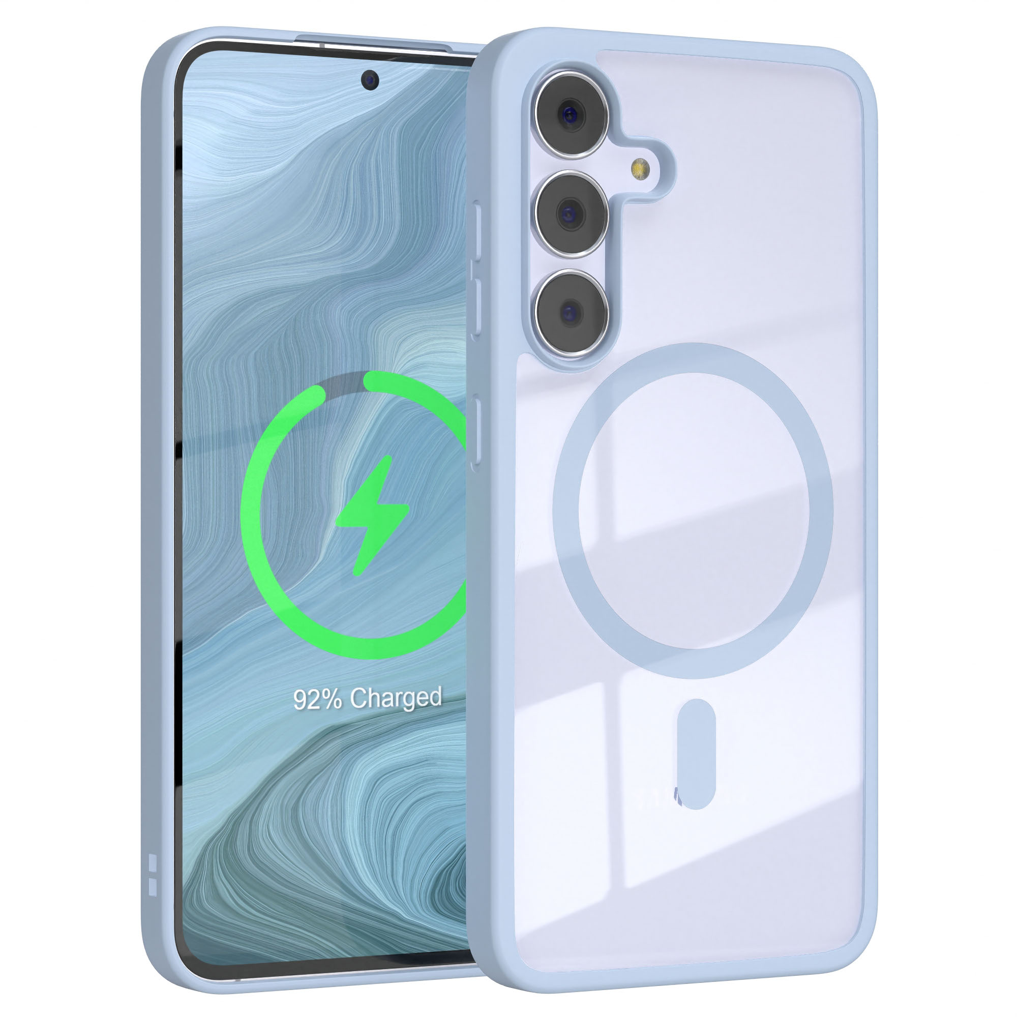 Ein Telefon in einer hellblauen Hülle. Der Bildschirm zeigt ein Ladesymbol mit 92 % geladen.