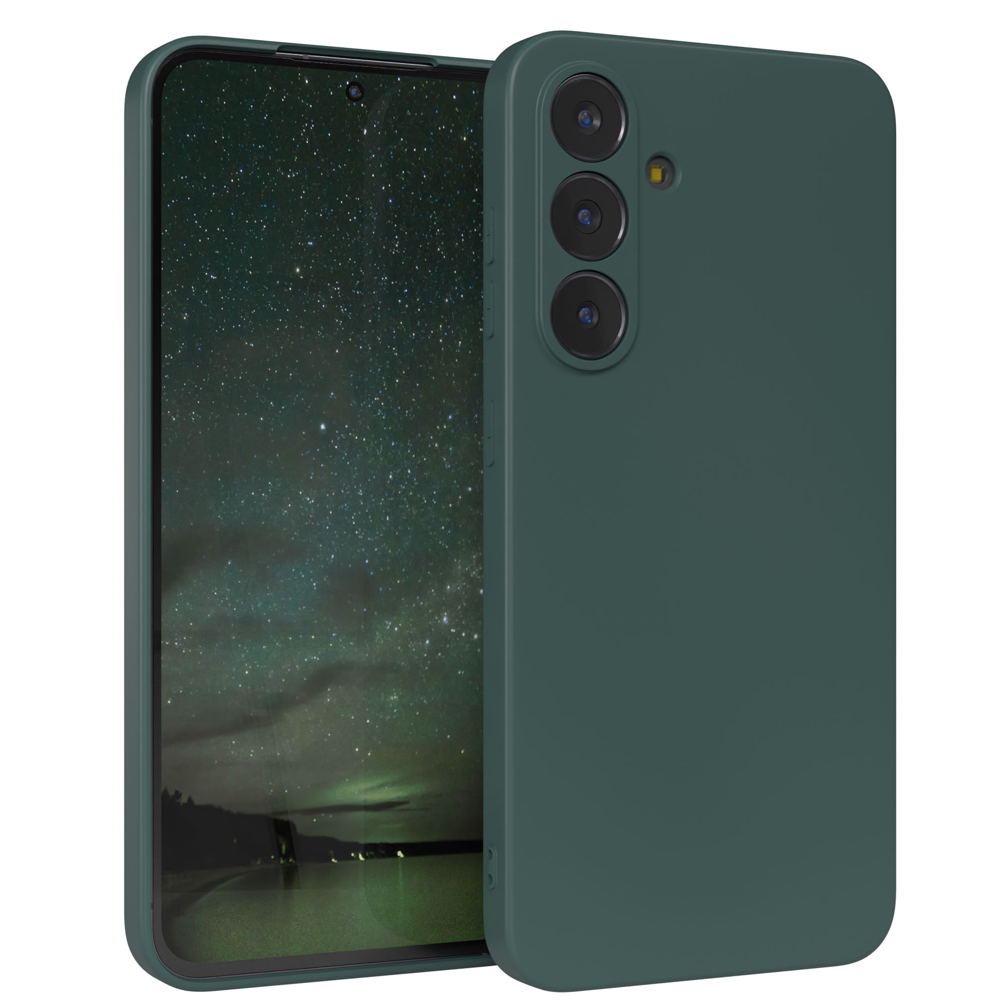 Ein grünes Telefon mit dunklem Bildschirm in einer grünen Hülle. Der Bildschirm zeigt Sternenhimmel über Landschaft.