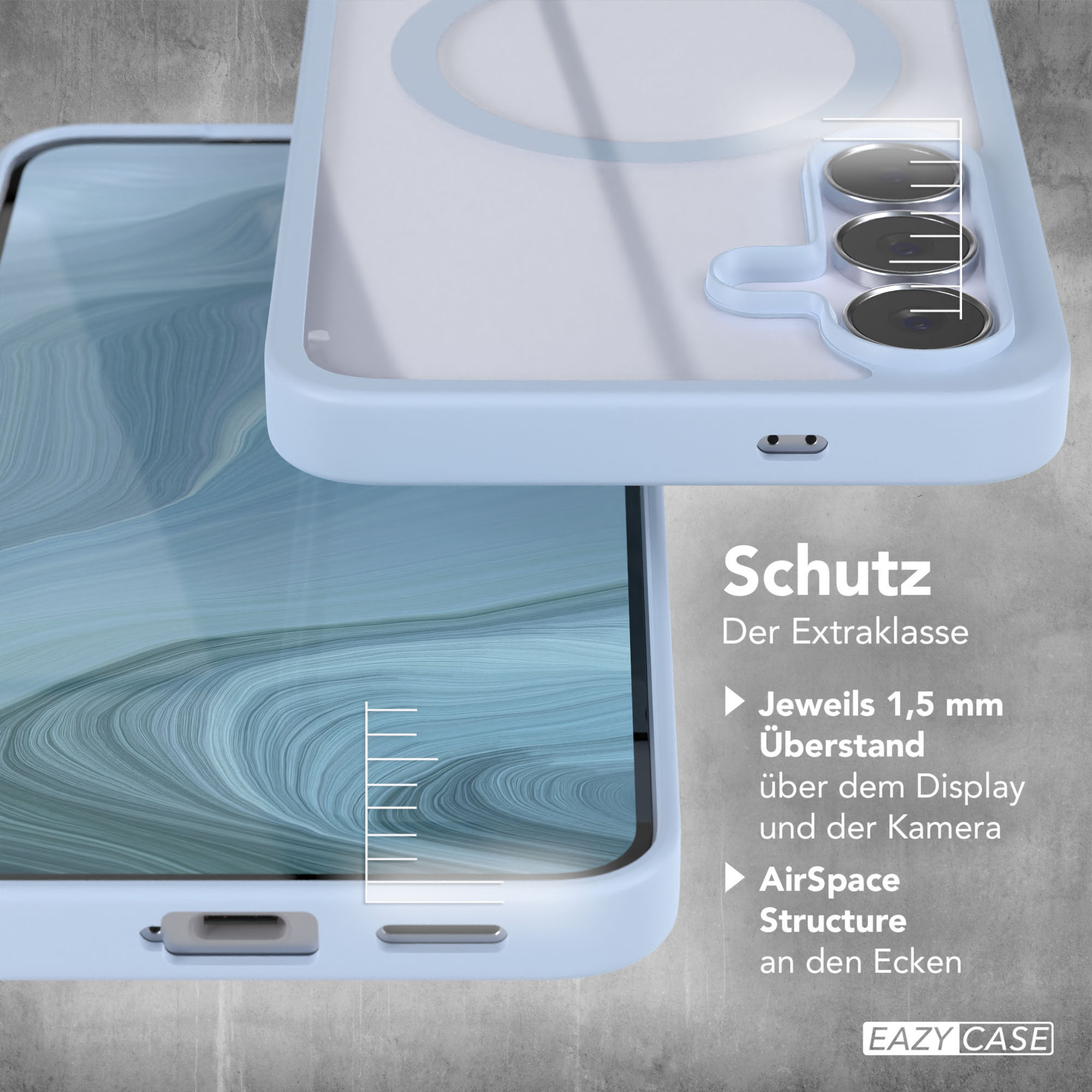 Eine Handyhülle mit Kamera und Bildschirm wird gezeigt. Text weist auf Schutzfunktionen hin.