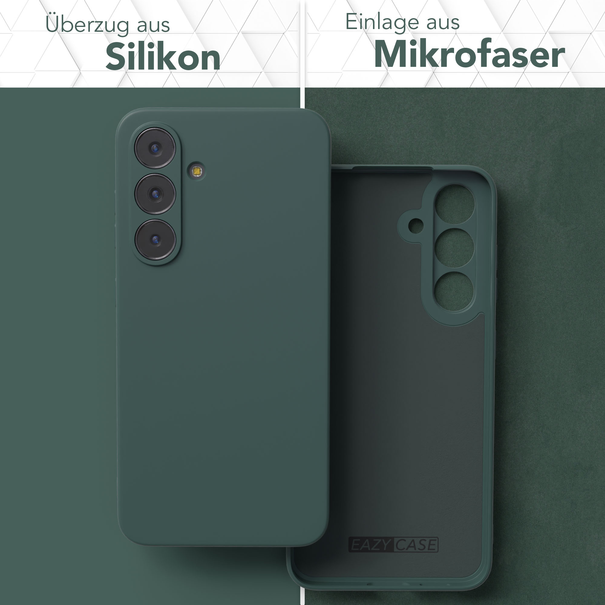 Grüne Handyhülle mit Silikon außen und Mikrofaser innen, mit dem Markennamen EAZY CASE sichtbar.