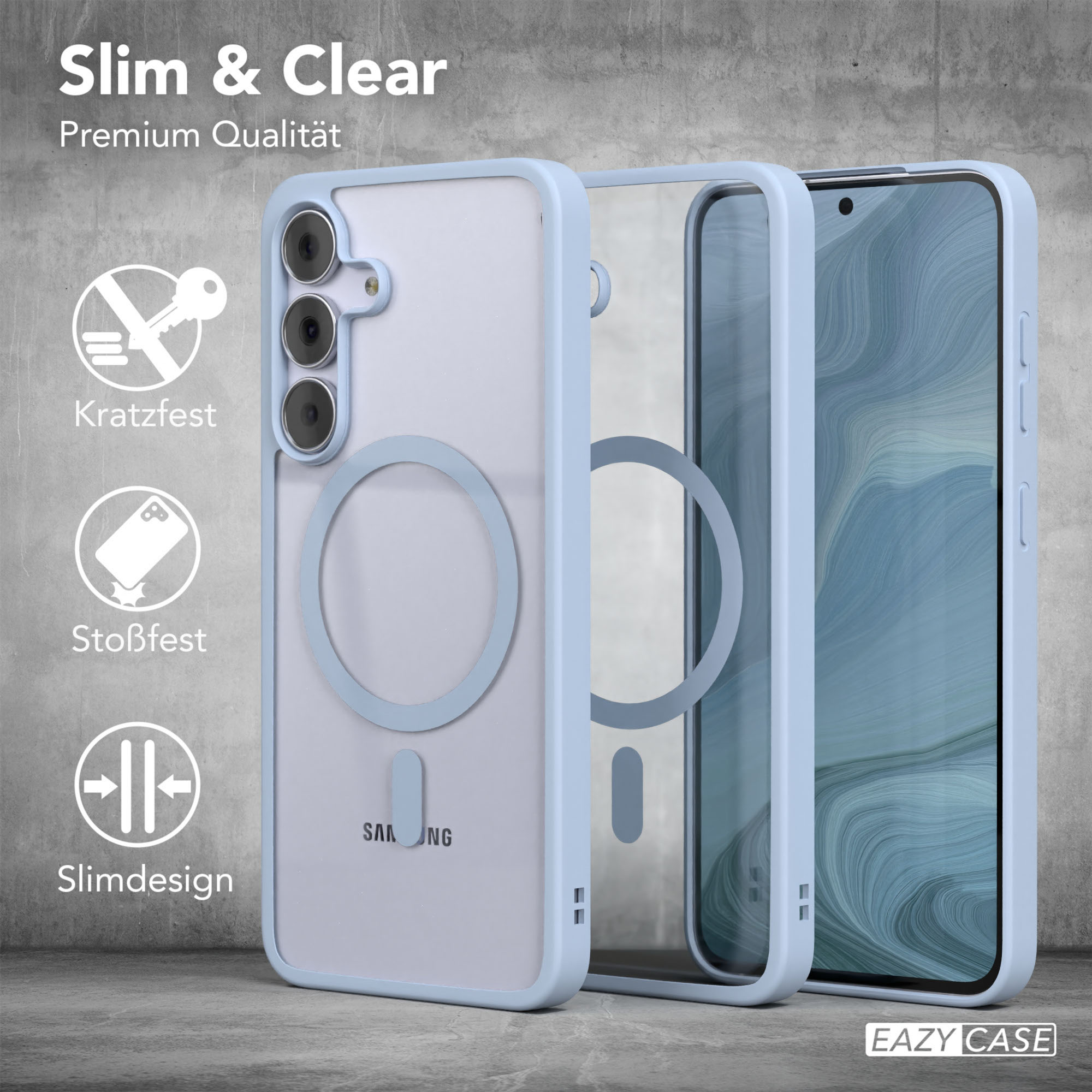 Eine Handyhülle mit einem Handy. Die Hülle ist hellblau. Der Text lautet Slim & Clear. Zeigt auch Symbole wie kratzfest.