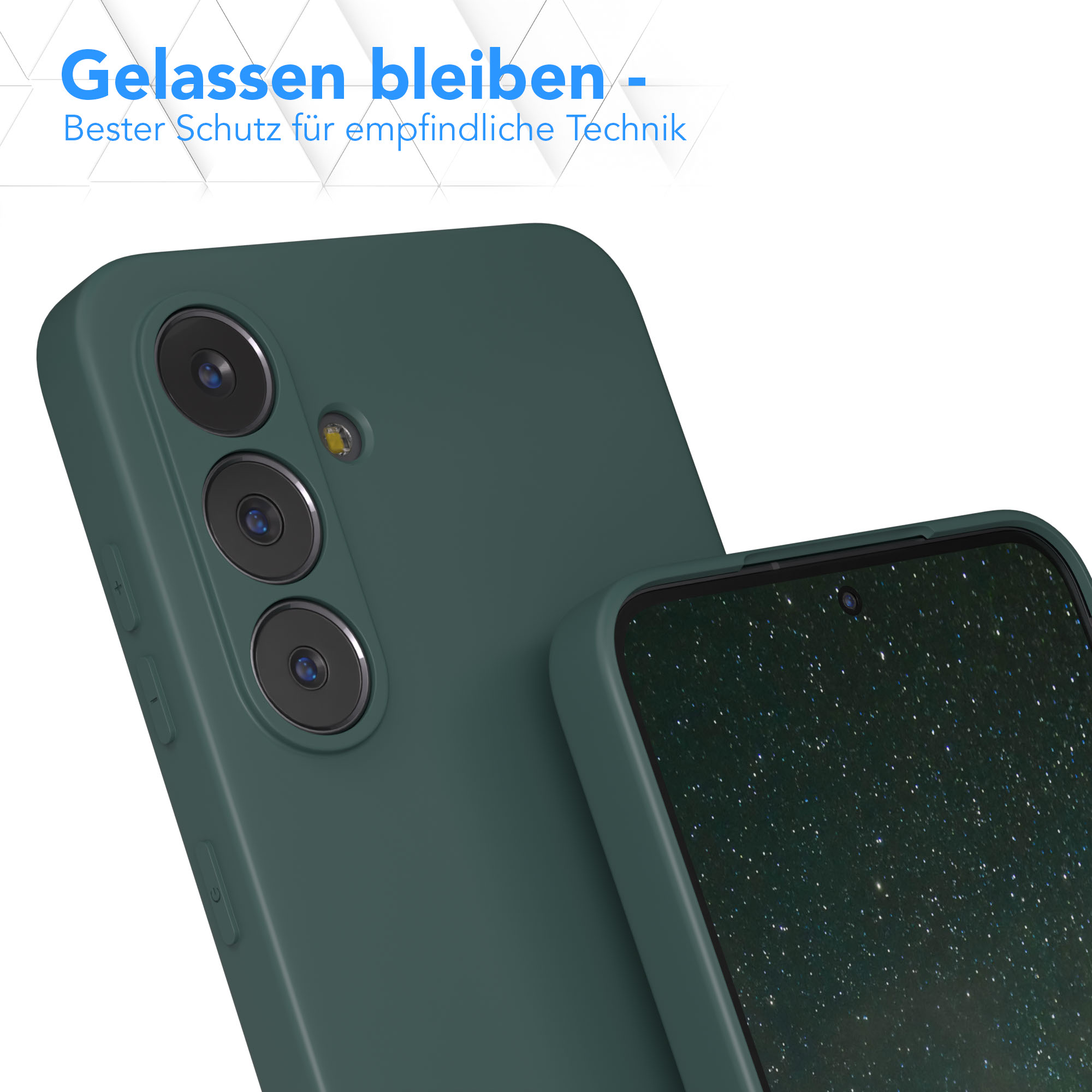 Grüne Handyhülle mit Kameralinsen, Text oben: 'Gelassen bleiben'.