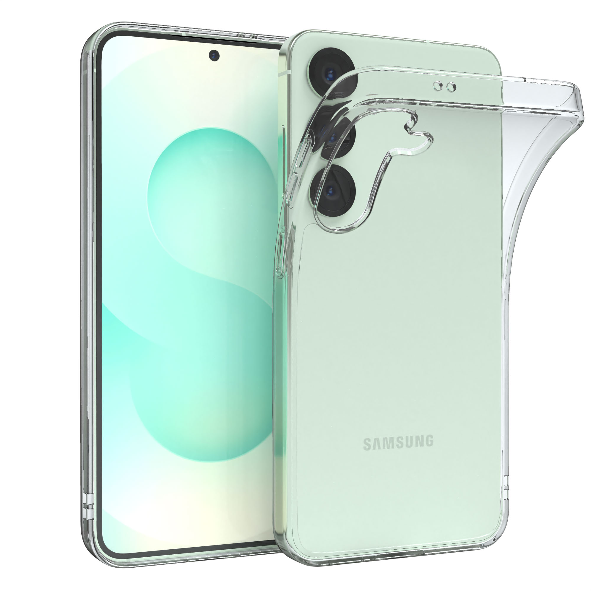 Ein mintgrünes Smartphone mit klarer Hülle wird gezeigt. Der Bildschirm ist an, und die Kameralinsen sind sichtbar.