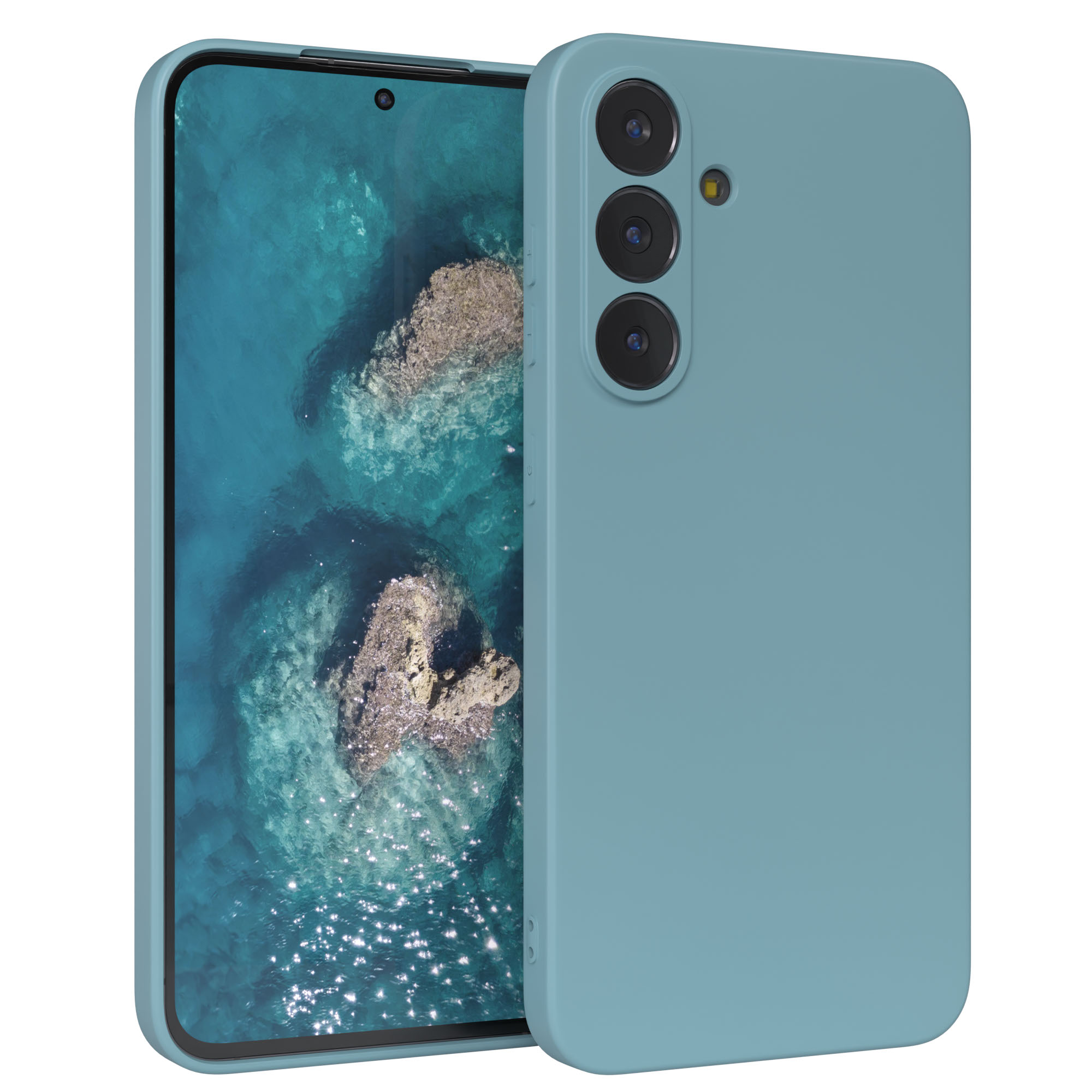 Ein Smartphone in einem hellblauen Gehäuse. Der Bildschirm zeigt eine Szene mit klarem Wasser und Felsen.