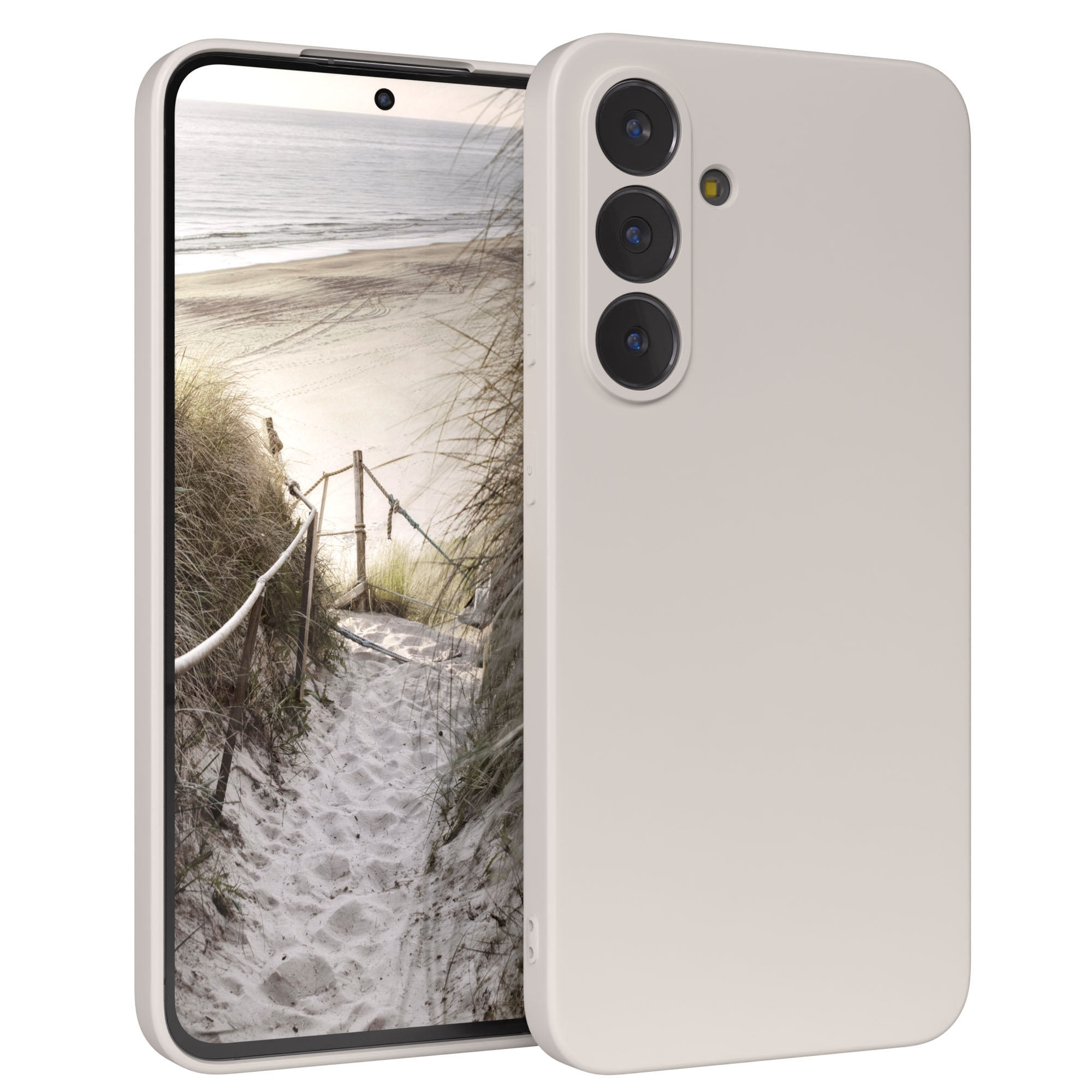 Ein Smartphone zeigt eine Strandszene. Das Telefon ist hellbeige. Der Bildschirm zeigt einen sandigen Weg zum Meer.