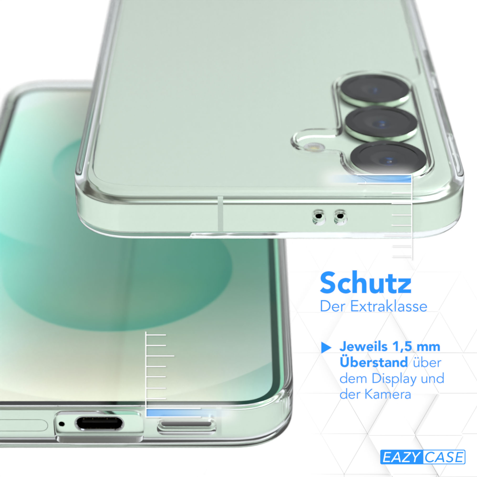 Gezeigte Handyhülle, die Kamera- und Bildschirmschutz hervorhebt. Text beschreibt 1,5 mm Überstand für Display und Kamera.