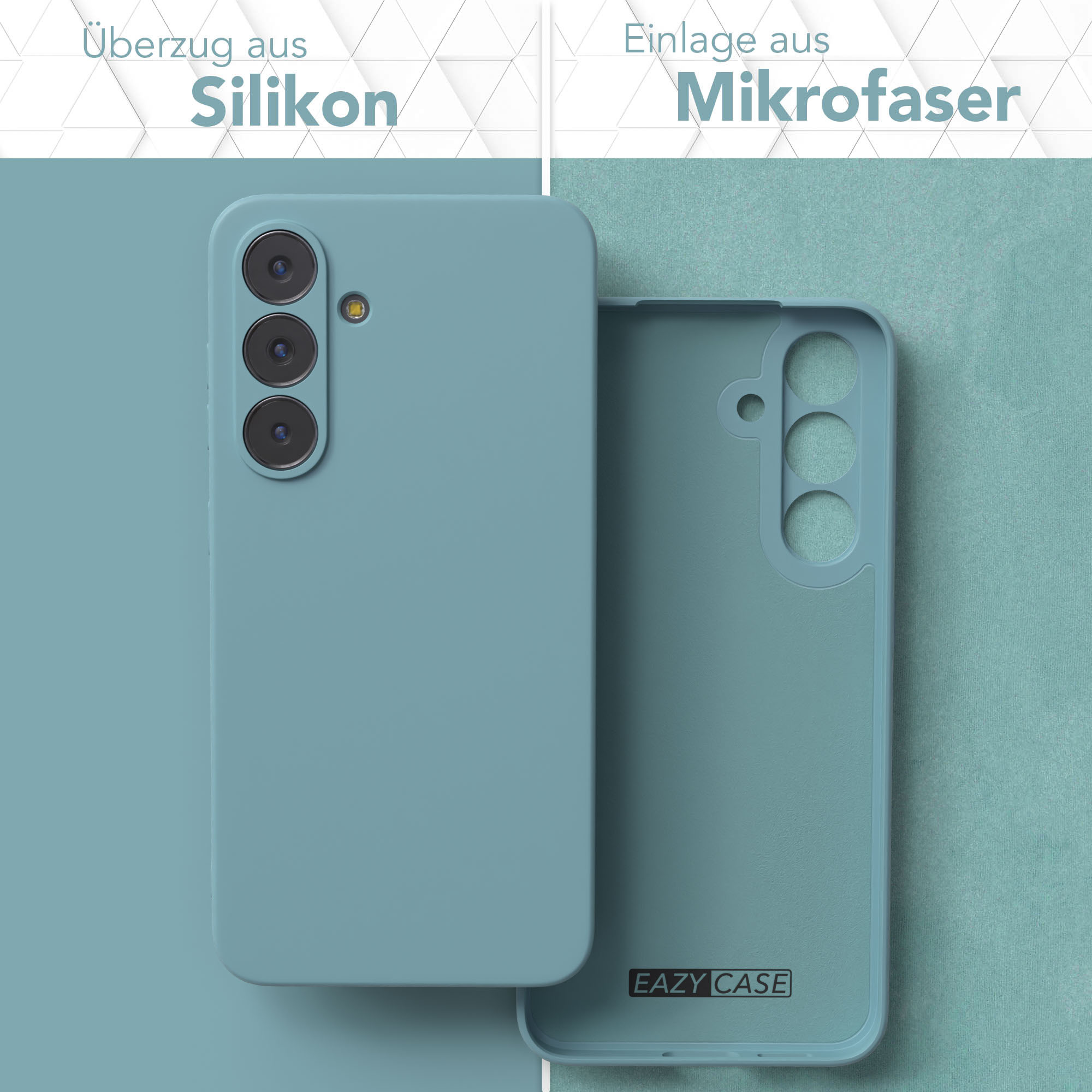 Das Bild zeigt eine tealfarbene Handyhülle und ihr Mikrofaser-Interieur. Texte sagen 'Silikon' und 'Mikrofaser'.