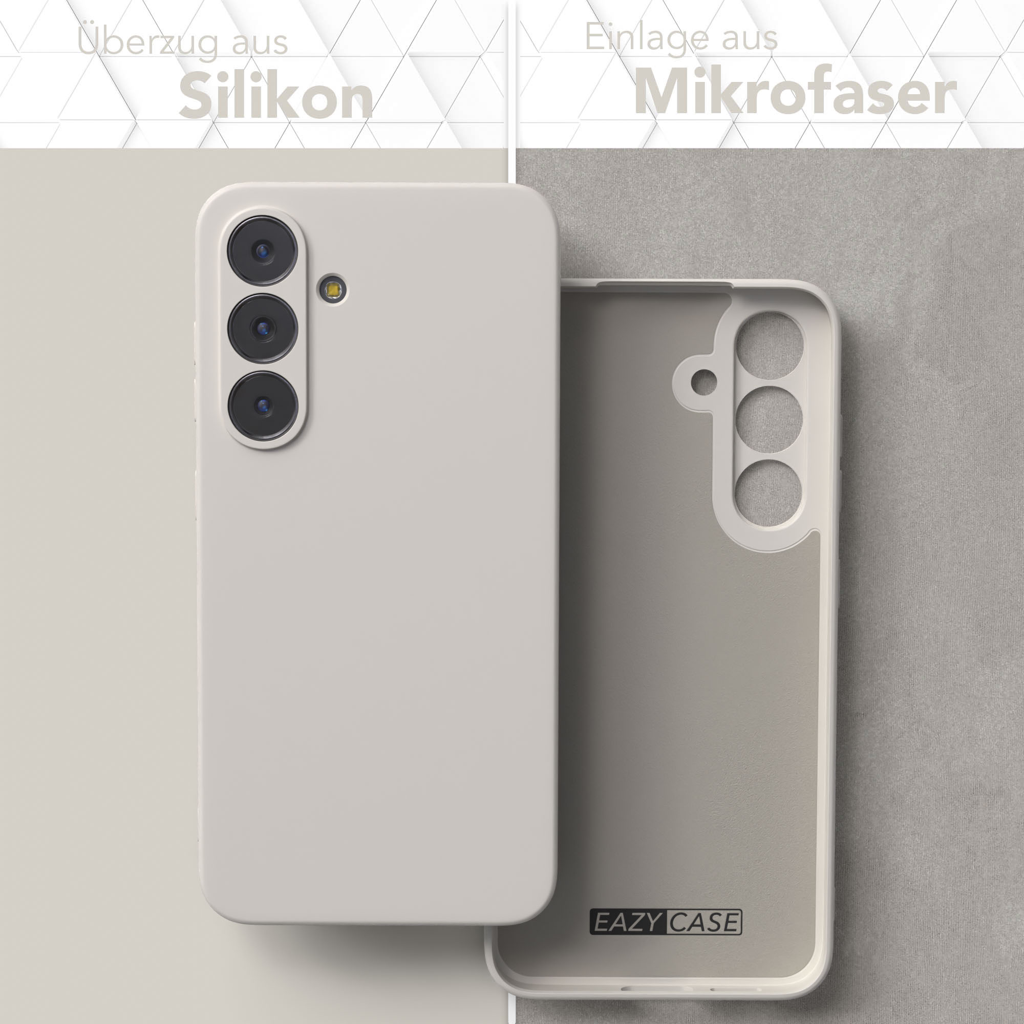 Telefonhülle, weiße Silikonaußenseite, graue Mikrofaserinnenseite, geteilter Bildschirm, mit 'EAZY CASE'-Text.