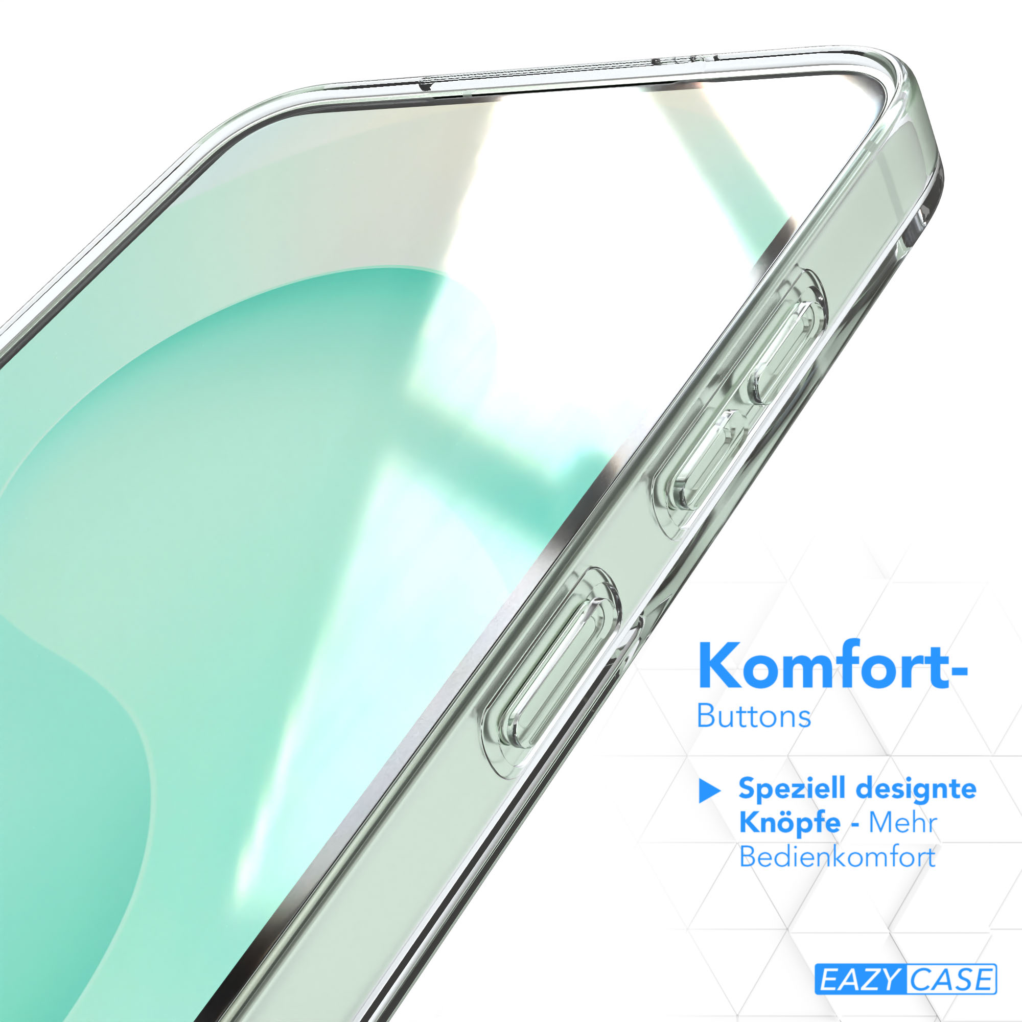 Gezeigt wird eine transparente Telefonhülle mit Knöpfen. Der Hintergrund ist weiß. Der Text lautet 'Komfort- Buttons'.