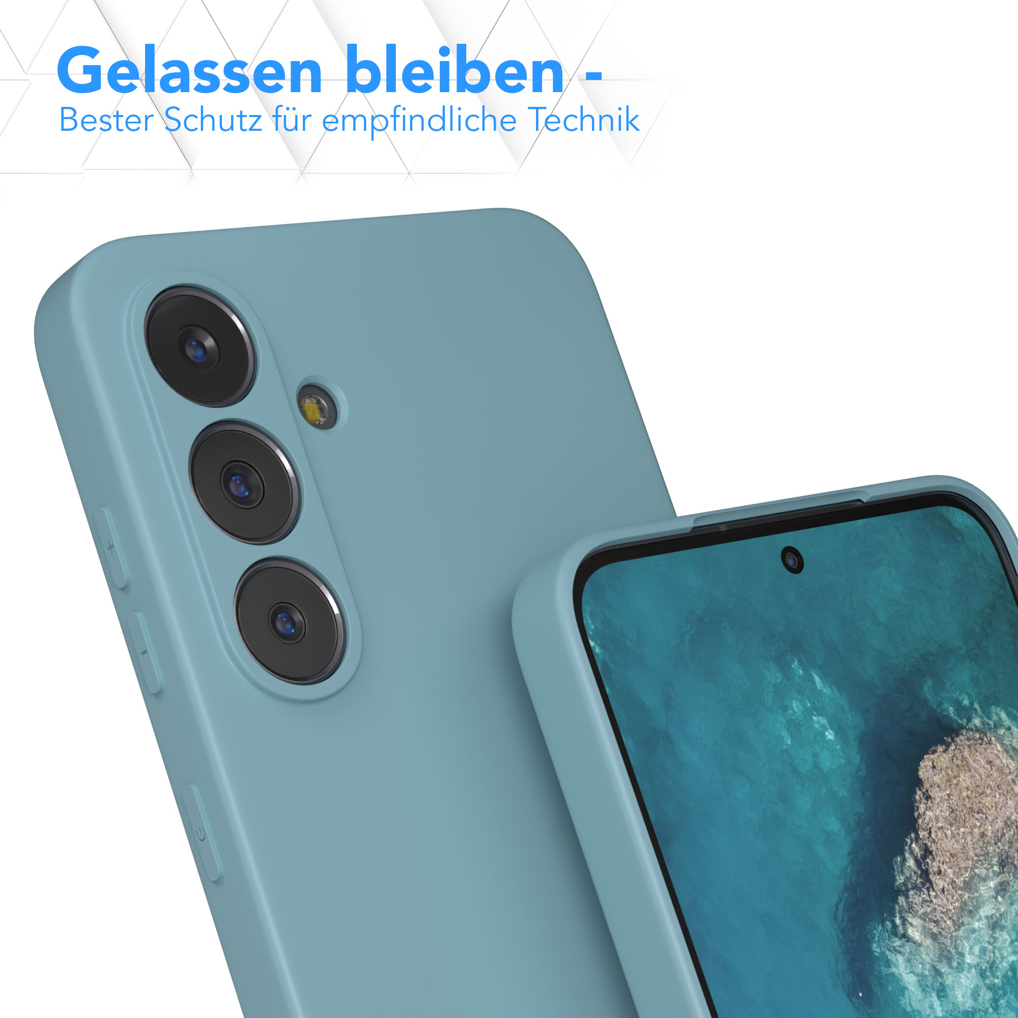 Eine blaue Handyhülle mit einem Handy darin. Die Hülle hat mehrere Kameralinsen. Text auf Deutsch: Bester Schutz für empfindliche Technik.