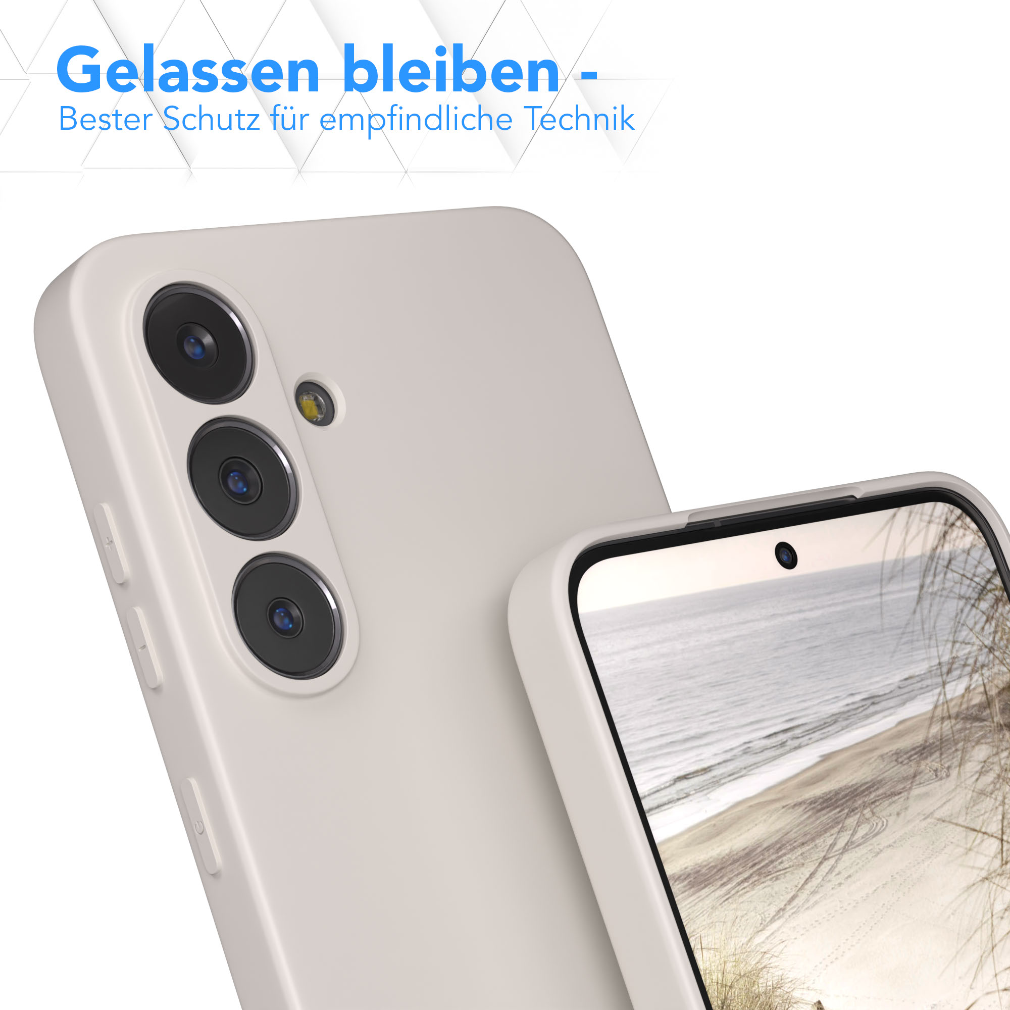 Ein Smartphone in einer hellen Hülle. Der Bildschirm zeigt eine Strandszene. Text oben: 'Entspannen - Bester Schutz für empfindliche Technologie'.