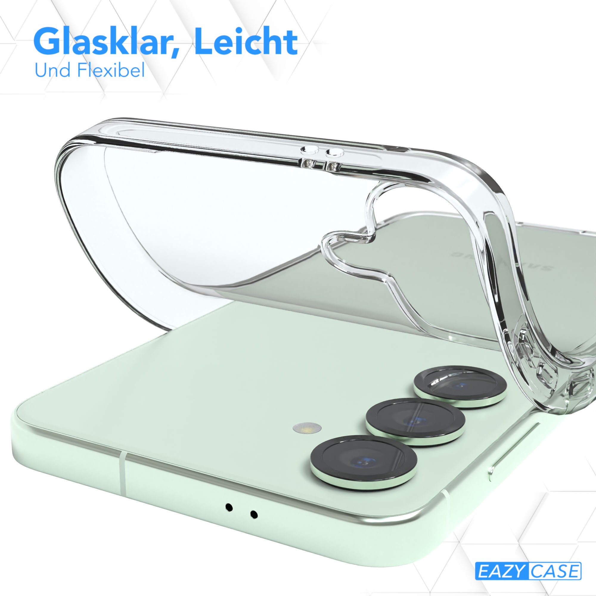 Eine transparente Handyhülle wird über ein grünes Handy gelegt. Das Telefon hat drei Kameralinsen. Der Hintergrund ist weiß.