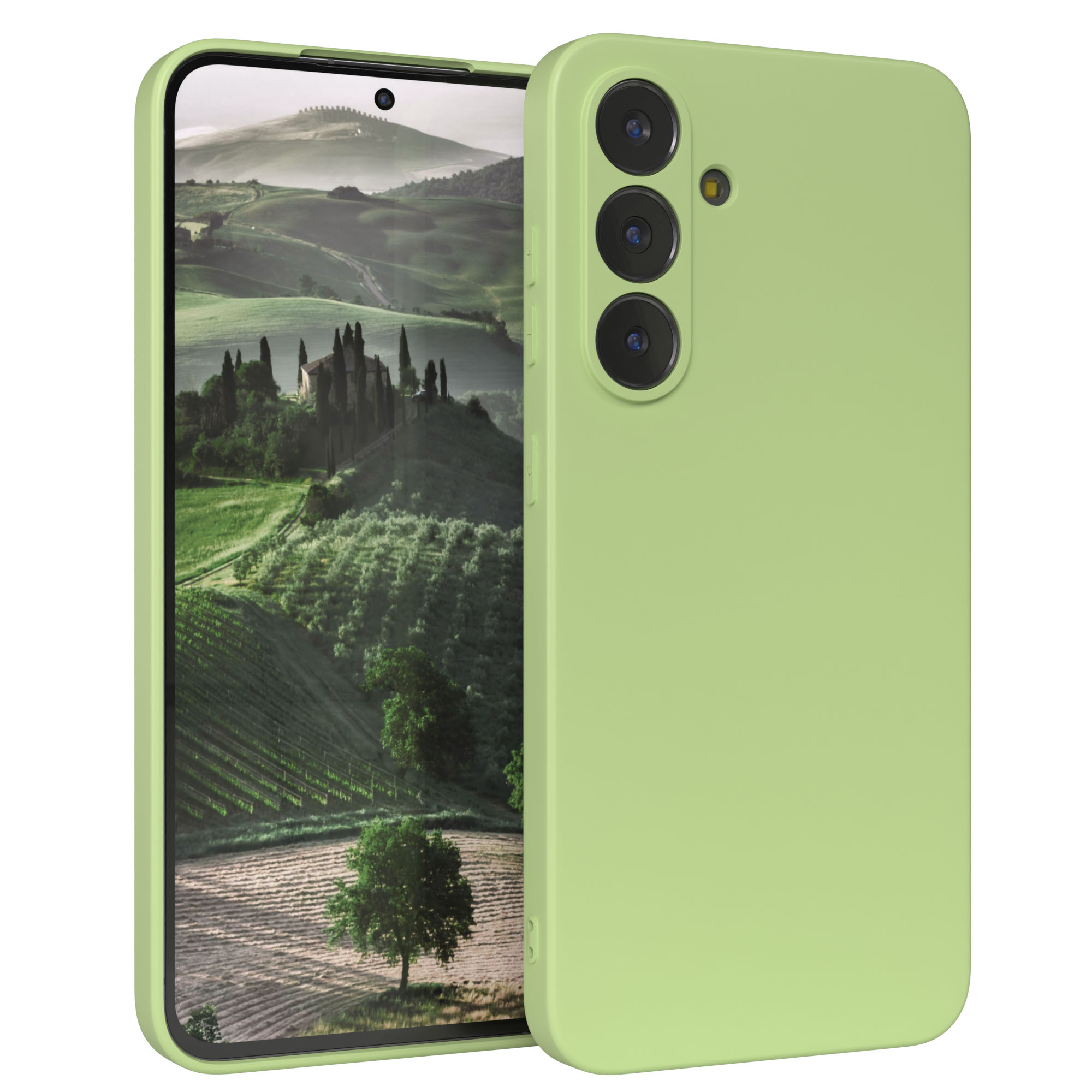 Grüne Handyhülle mit Telefon, das eine Landschaftsszene zeigt. Das Telefon befindet sich neben der Hülle.