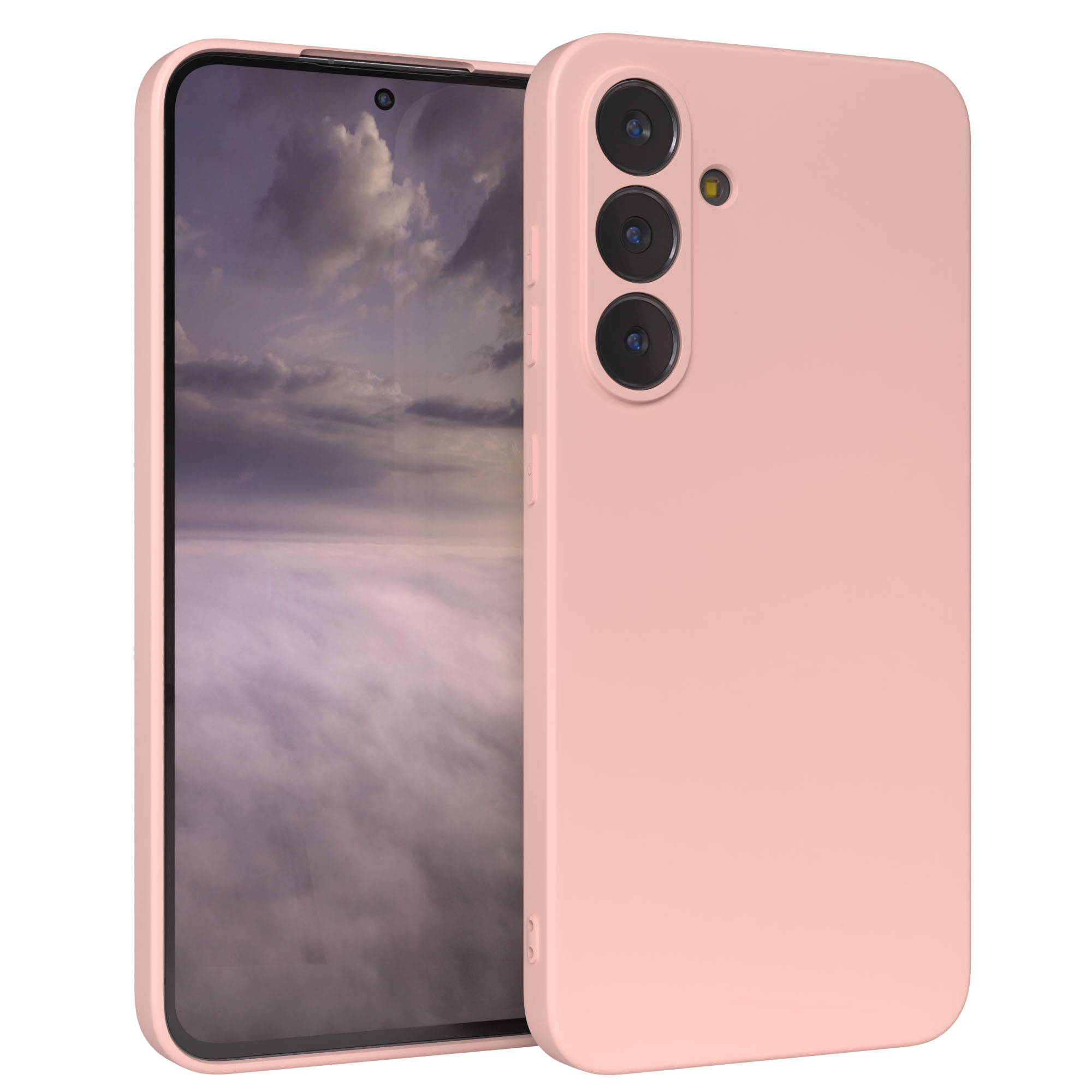 Ein pinkfarbenes Telefon mit Hülle, offen. Der Bildschirm zeigt Wolken. Das Telefon hat drei Kameras.