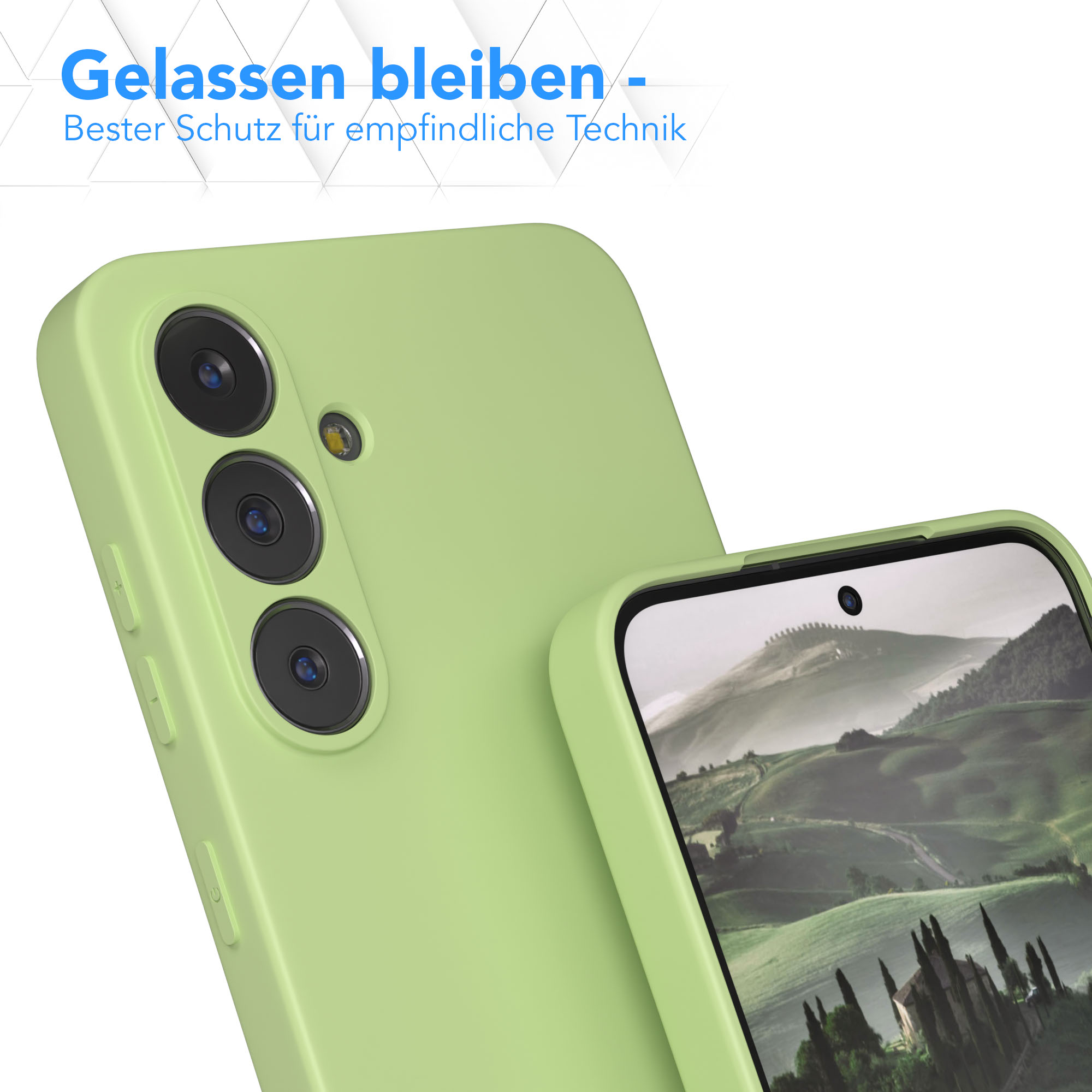 Eine grüne Handyhülle mit einem Telefon darin. Das Telefon zeigt ein Landschaftsfoto.