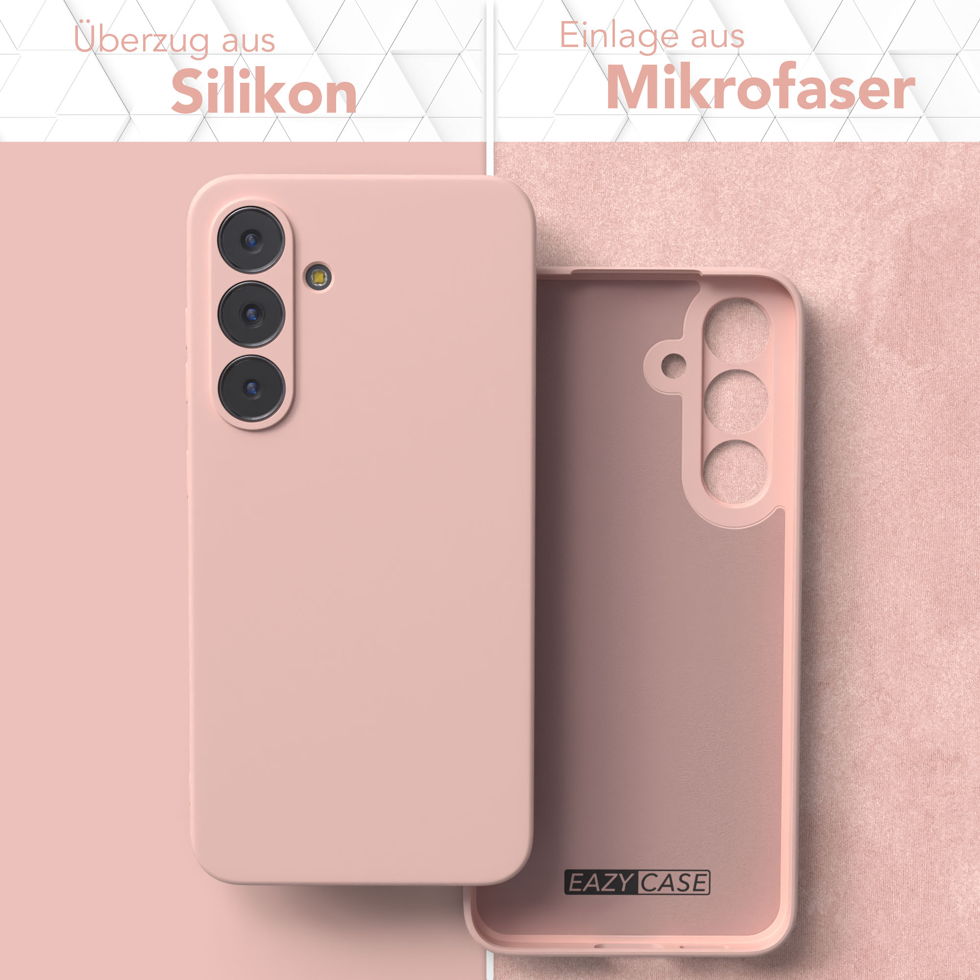Eine rosa Handyhülle mit Silikonhülle und Mikrofaserfutter. Die Hülle ist offen und zeigt das Innere.
