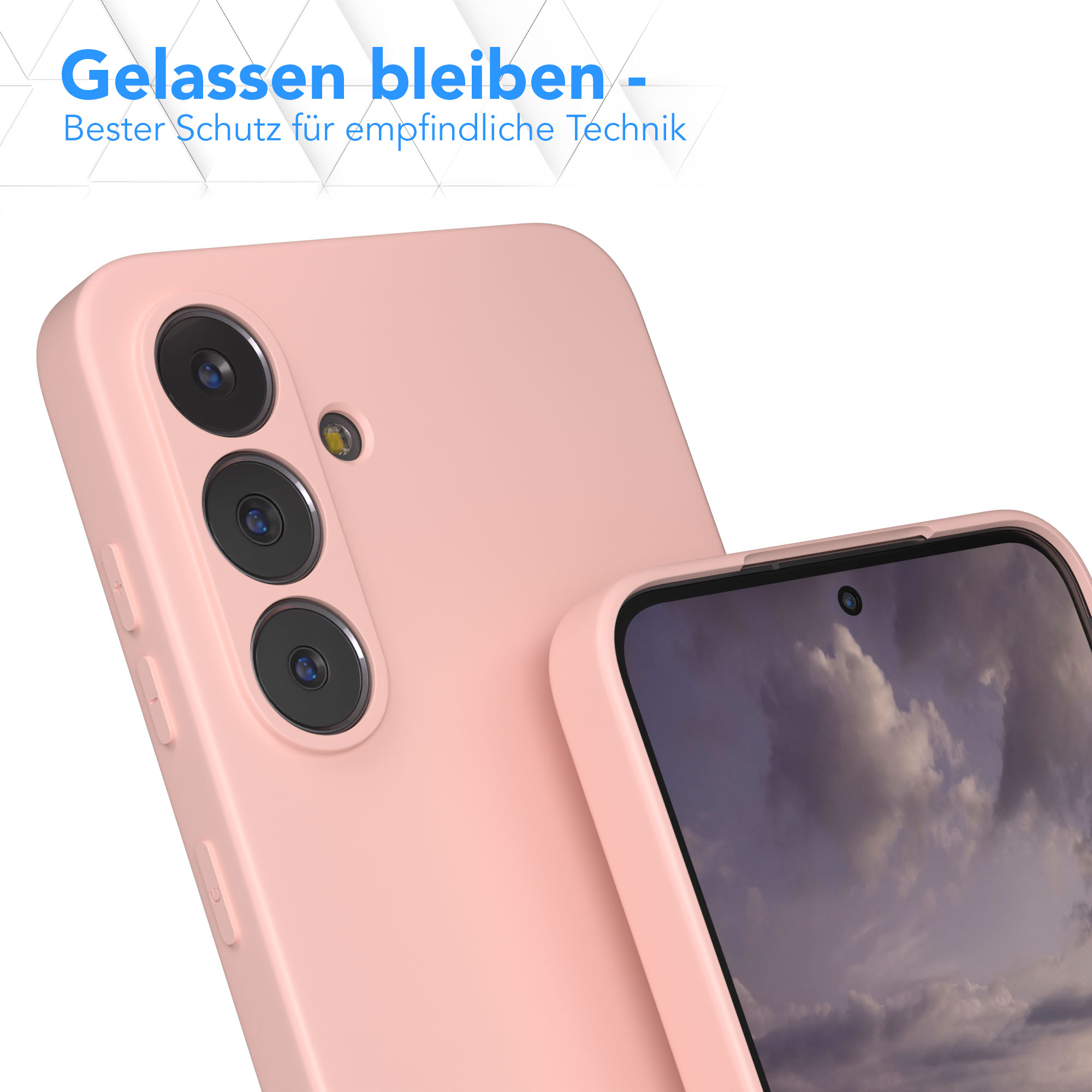 Eine rosa Handyhülle schützt ein Telefon. Das Telefon hat drei Kameralinsen und einen Bildschirm mit bewölktem Himmel.