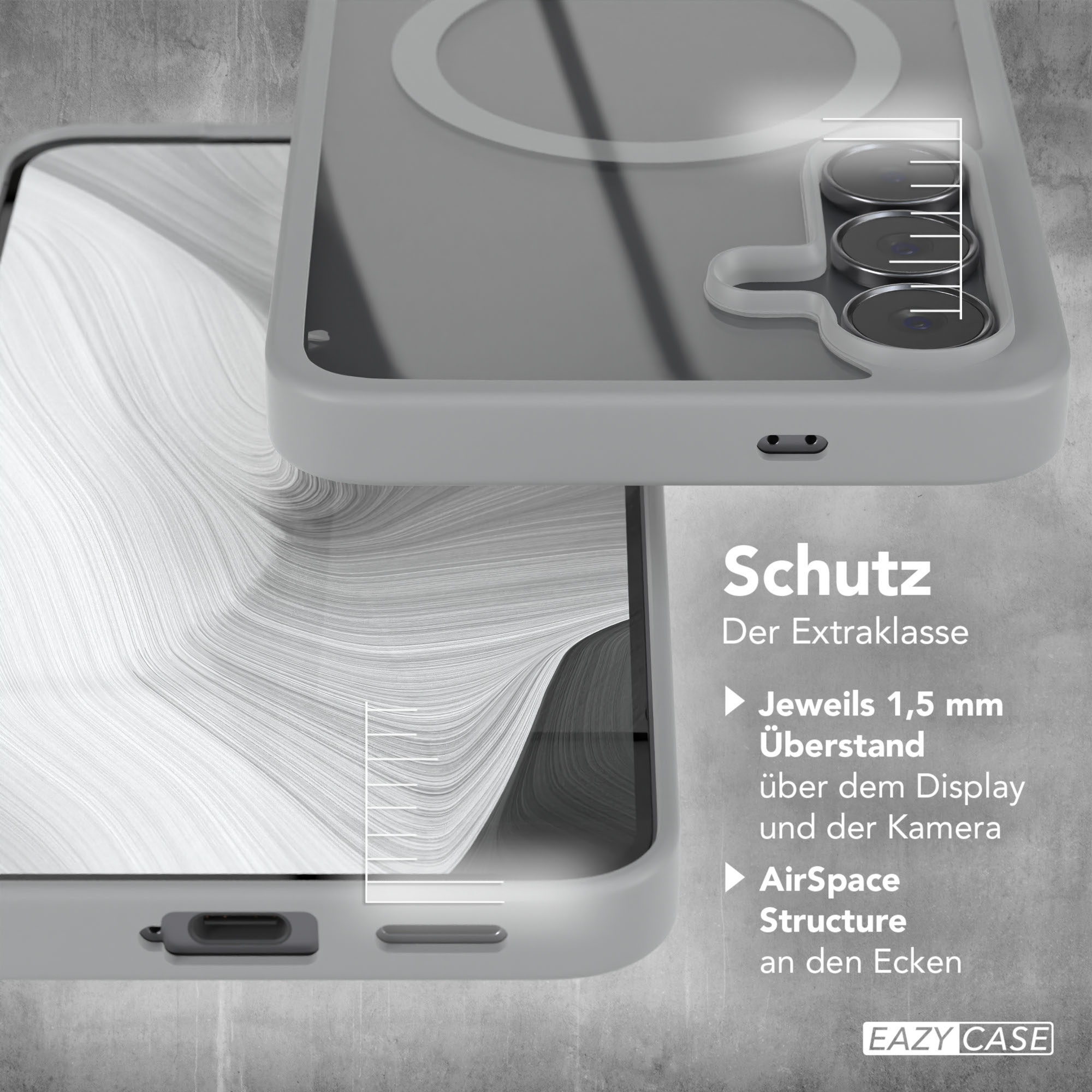 Graue Handyhülle mit transparentem Bereich. Text: Schutz, 1,5 mm Überstand, AirSpace Structure. EAZY CASE Logo.