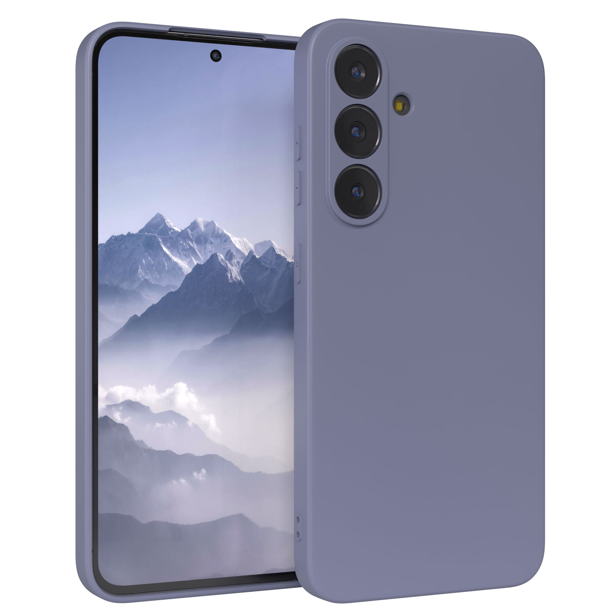 Ein lila Smartphone mit Berglandschaft auf dem Bildschirm. Das Telefon hat eine Hülle und drei Kameras.