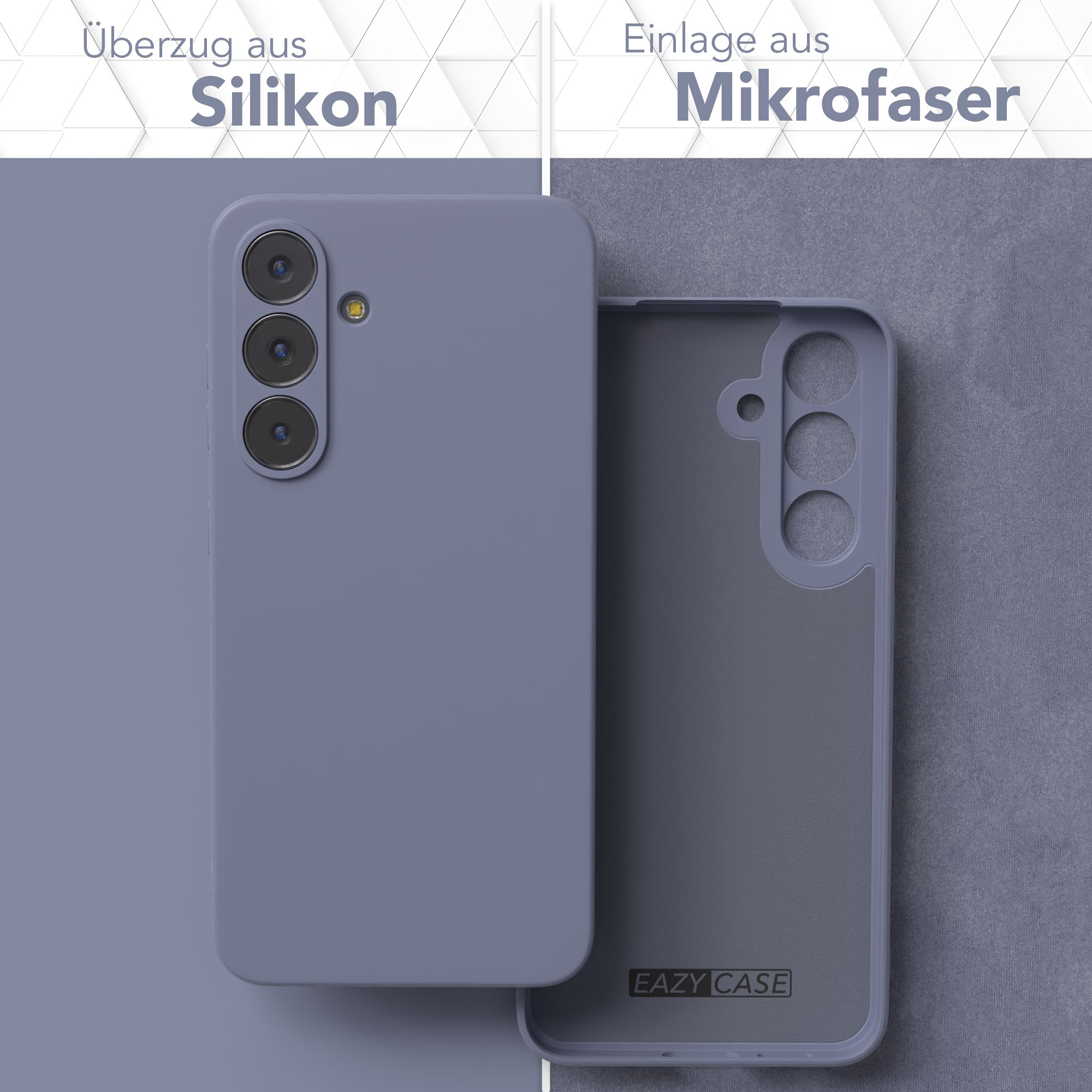Eine Telefonhülle, Silikon außen und Mikrofaser innen, wird gezeigt. Deutsche Texte heben die verwendeten Materialien hervor.